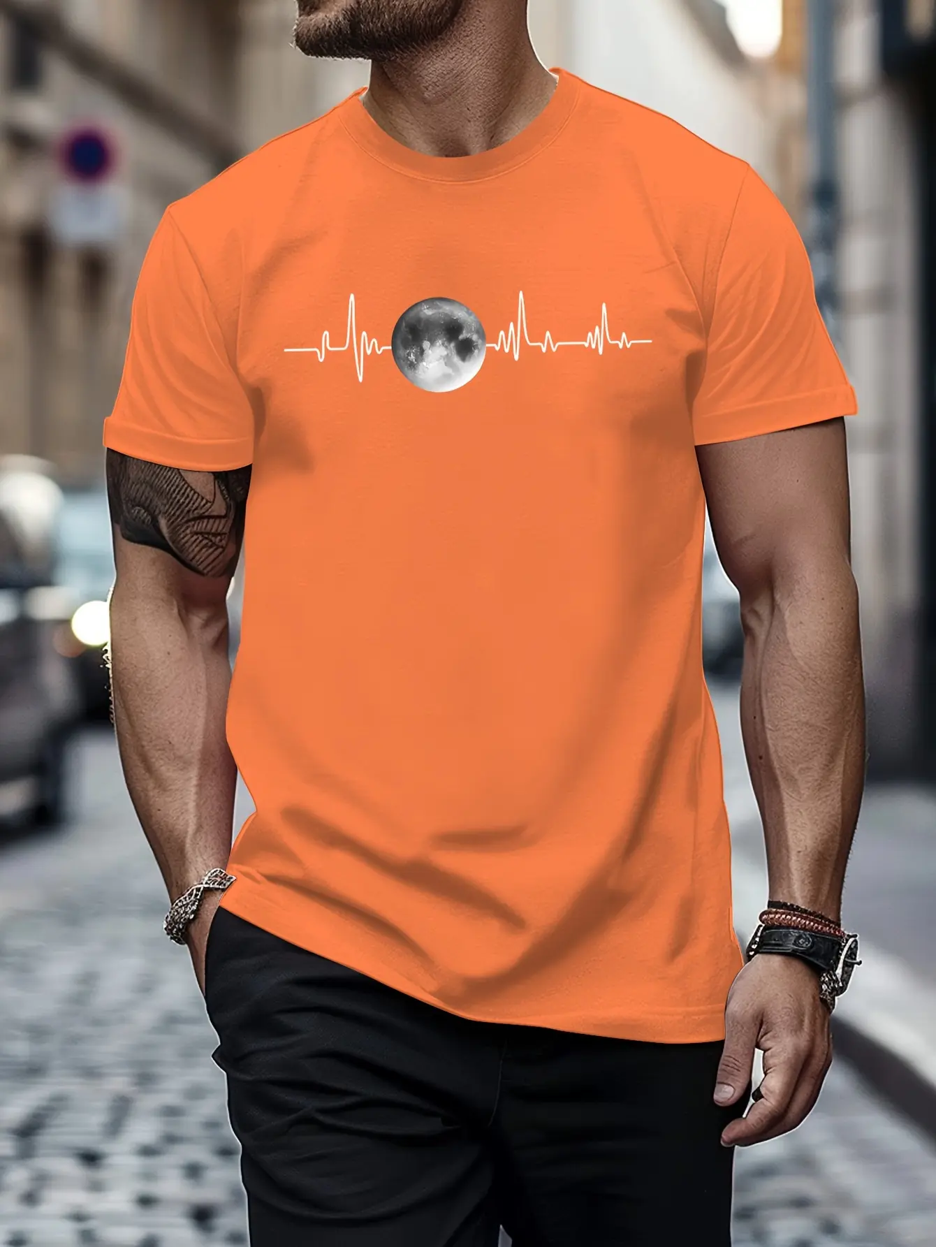 Summer men's 100% pure cotton sports casual loose fit plus size moon print comfortable round neck short sleeved T-shirt top