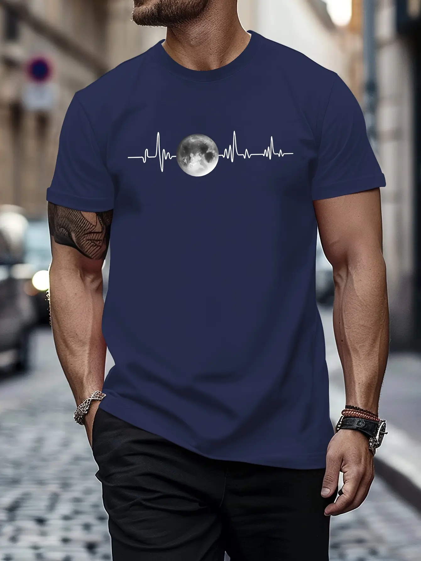 Summer men's 100% pure cotton sports casual loose fit plus size moon print comfortable round neck short sleeved T-shirt top