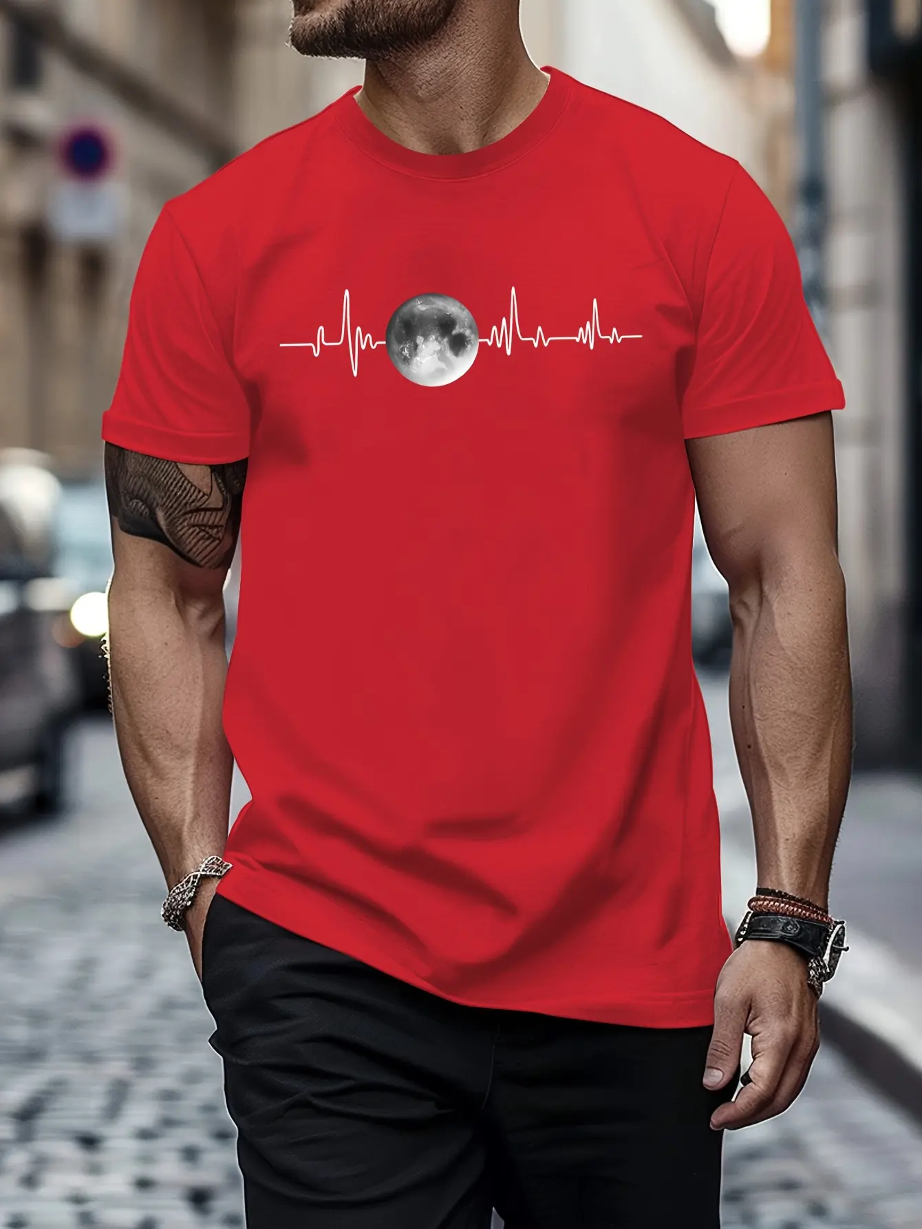 Summer men's 100% pure cotton sports casual loose fit plus size moon print comfortable round neck short sleeved T-shirt top