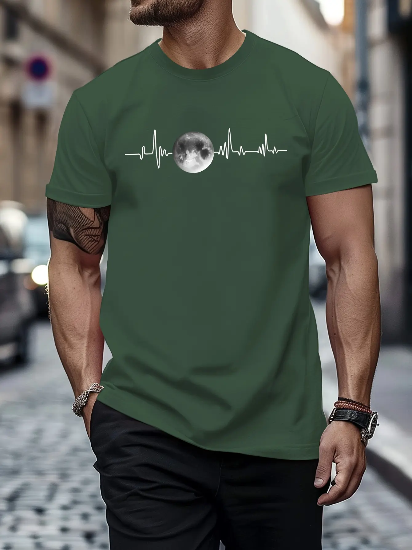Summer men's 100% pure cotton sports casual loose fit plus size moon print comfortable round neck short sleeved T-shirt top