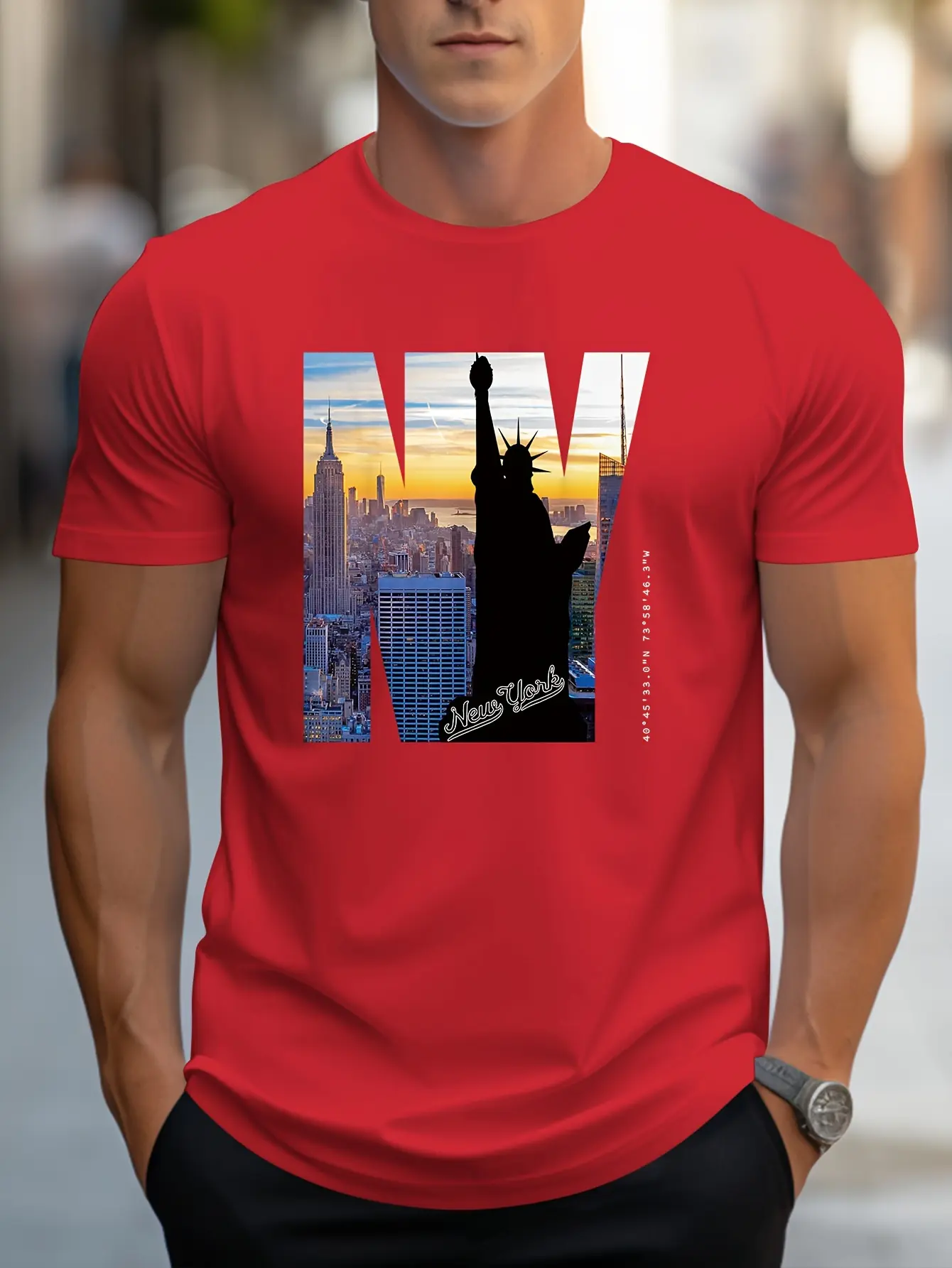 Men's 100% pure cotton summer loose fit large size NY Graphic print casual slim fit round neck short sleeved T-shirt top