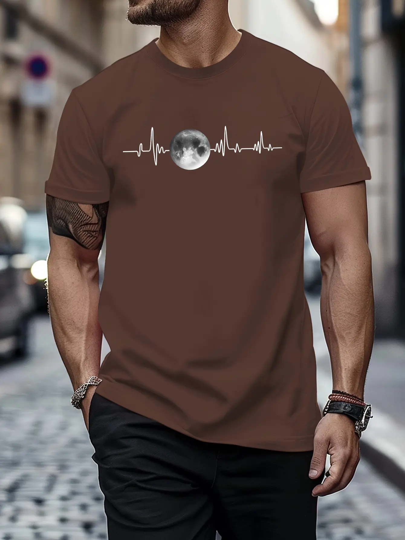 Summer men's 100% pure cotton sports casual loose fit plus size moon print comfortable round neck short sleeved T-shirt top