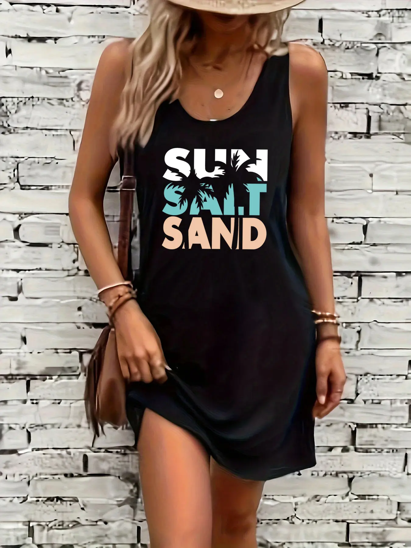 Women's summer loose and comfortable casual GOOD VIBES letter pattern printed black sleeveless vest dress punk style dress