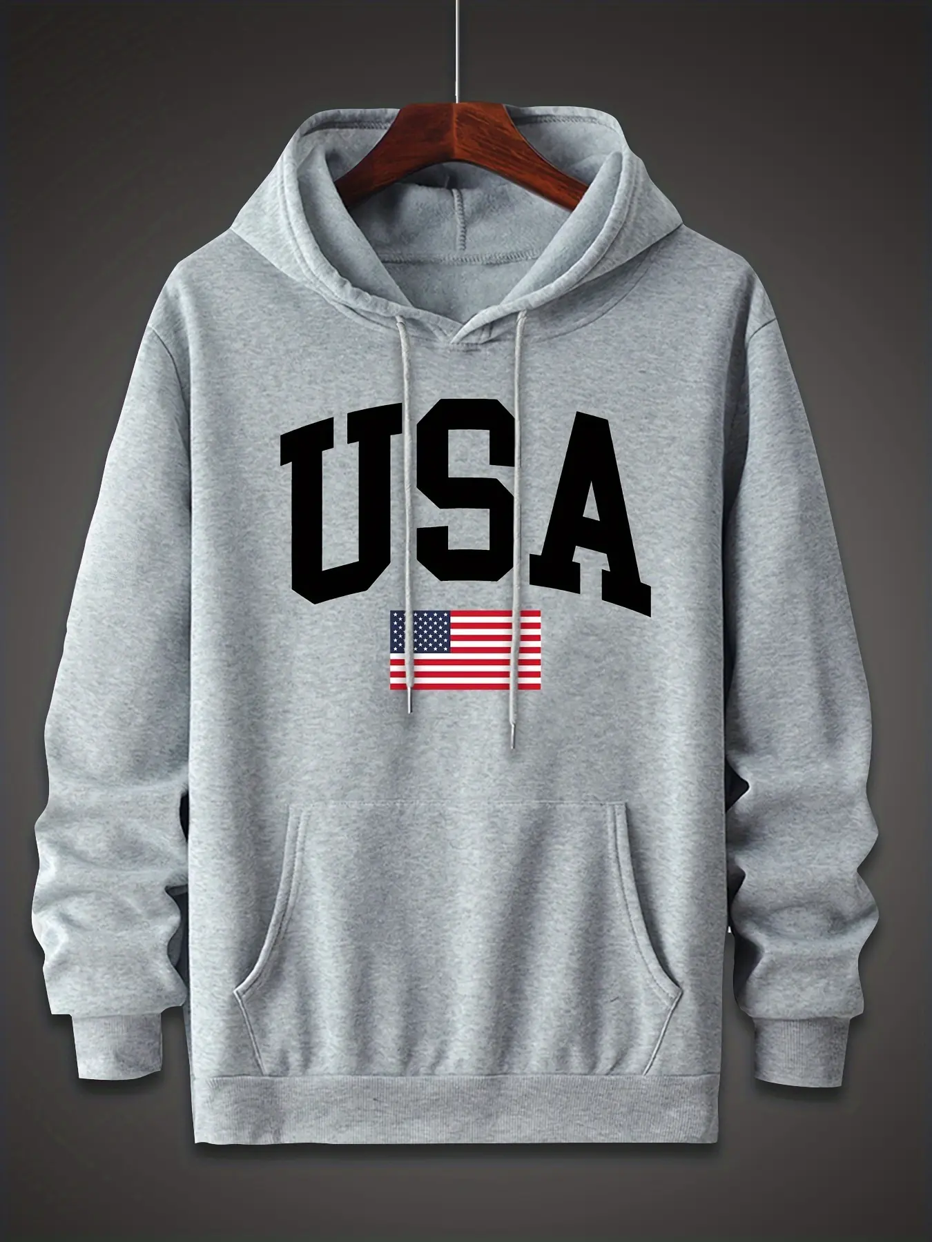 Men's autumn and winter fashionable casual loose oversized USA flag print fleece pullover hooded long sleeved sweatshirt