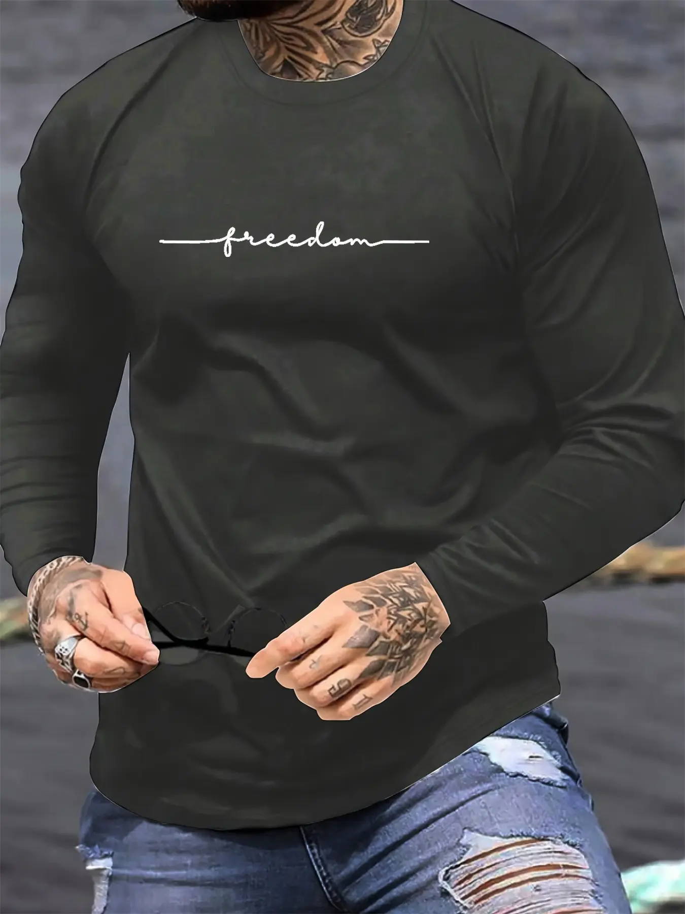 Men's 100% pure cotton loose fit comfortable sports and leisure freedom letter printed round neck long sleeved T-shirt top