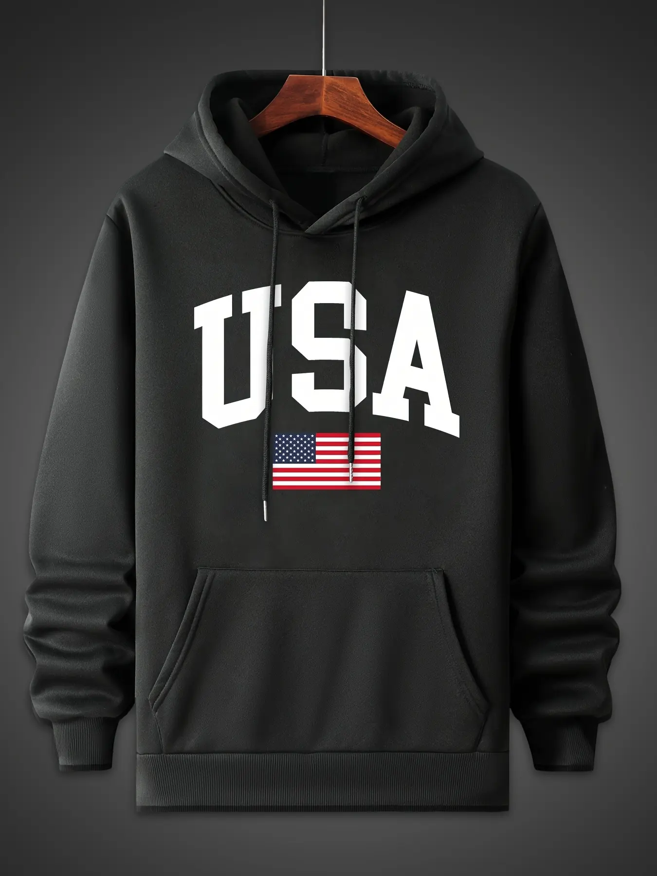 Men's autumn and winter fashionable casual loose oversized USA flag print fleece pullover hooded long sleeved sweatshirt