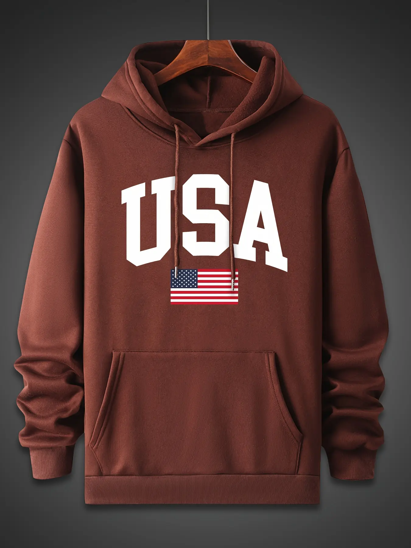 Men's autumn and winter fashionable casual loose oversized USA flag print fleece pullover hooded long sleeved sweatshirt