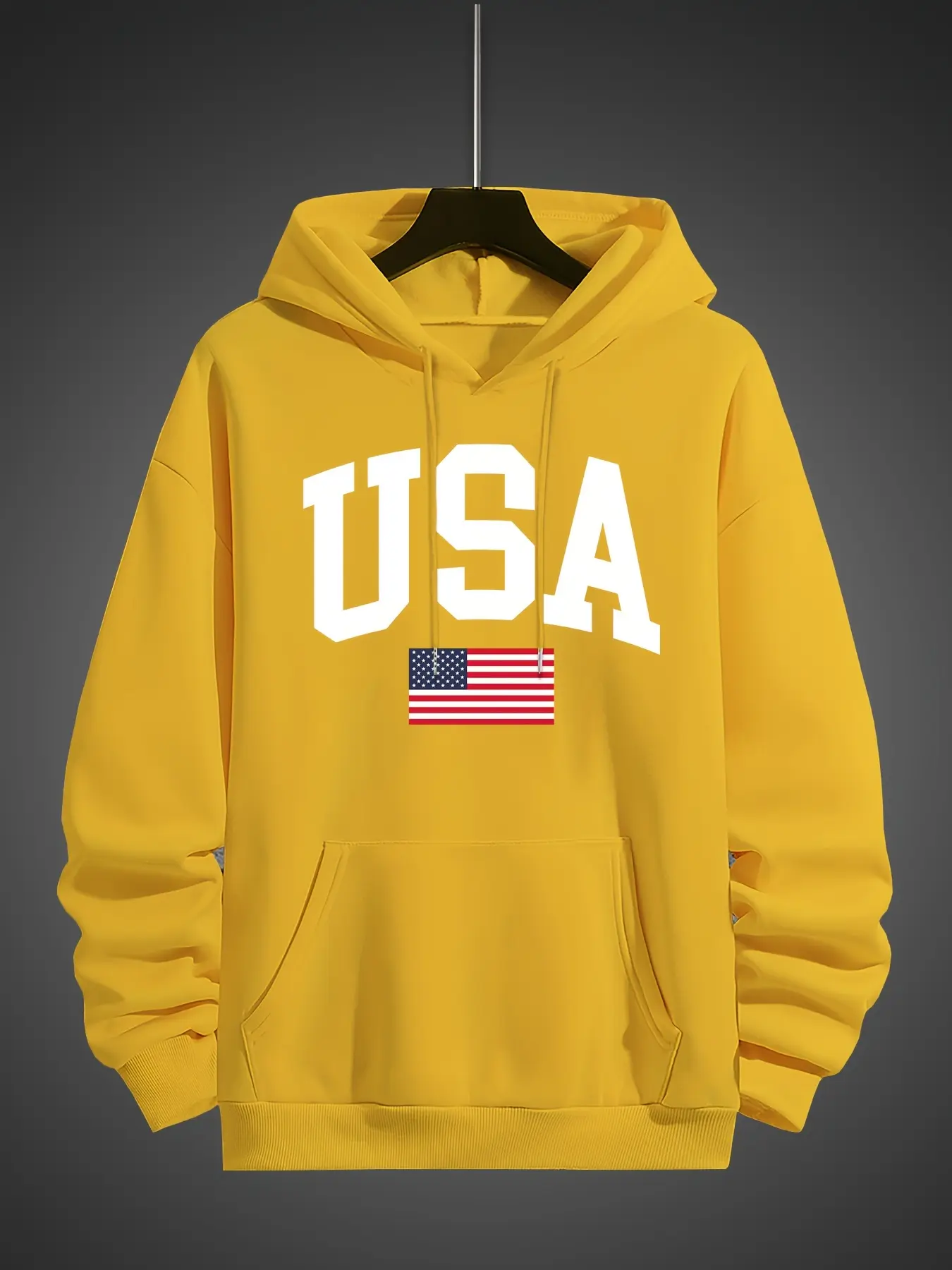Men's autumn and winter fashionable casual loose oversized USA flag print fleece pullover hooded long sleeved sweatshirt
