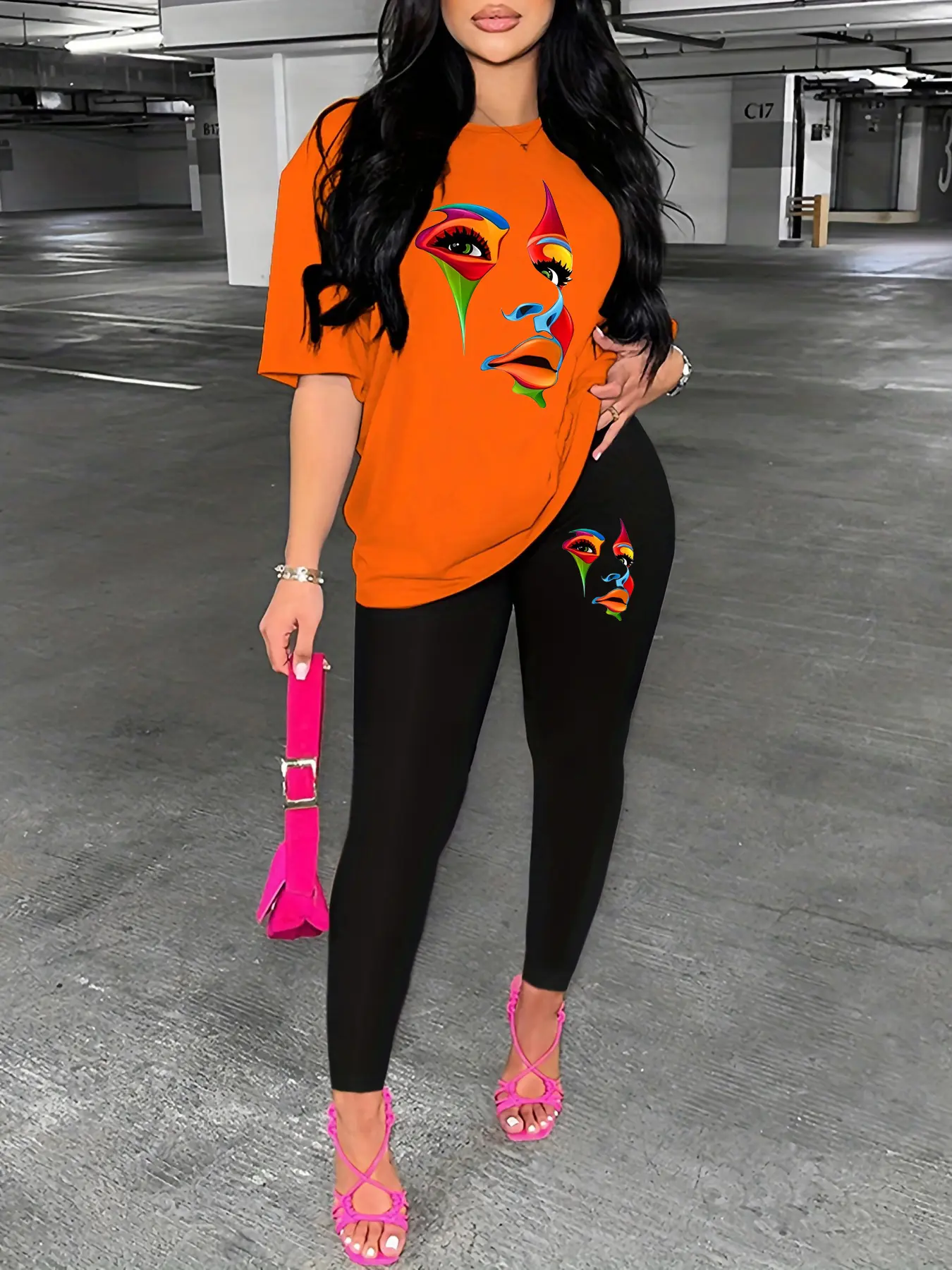 Women's Spring and Summer Loose Casual Large Portrait Pattern Printed Round Neck Short Sleeve T-shirt+Tight Pants Set