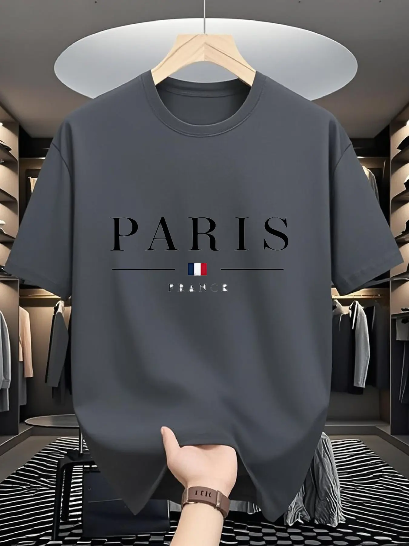 Men's summer 100% pure cotton fashionable casual sports loose PARIS pattern printed sports round neck short sleeved T-shirt top