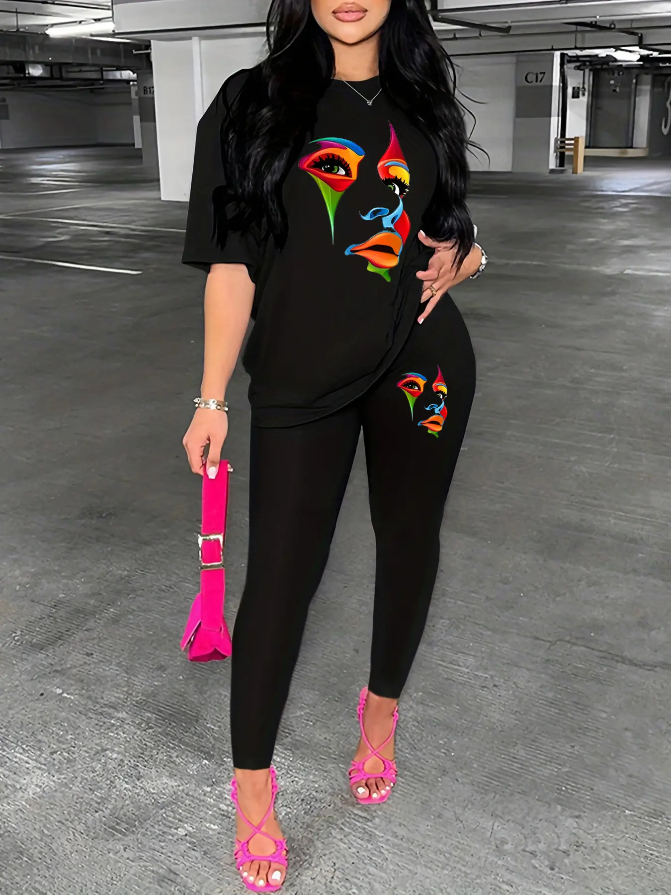 Women's Spring and Summer Loose Casual Large Portrait Pattern Printed Round Neck Short Sleeve T-shirt+Tight Pants Set