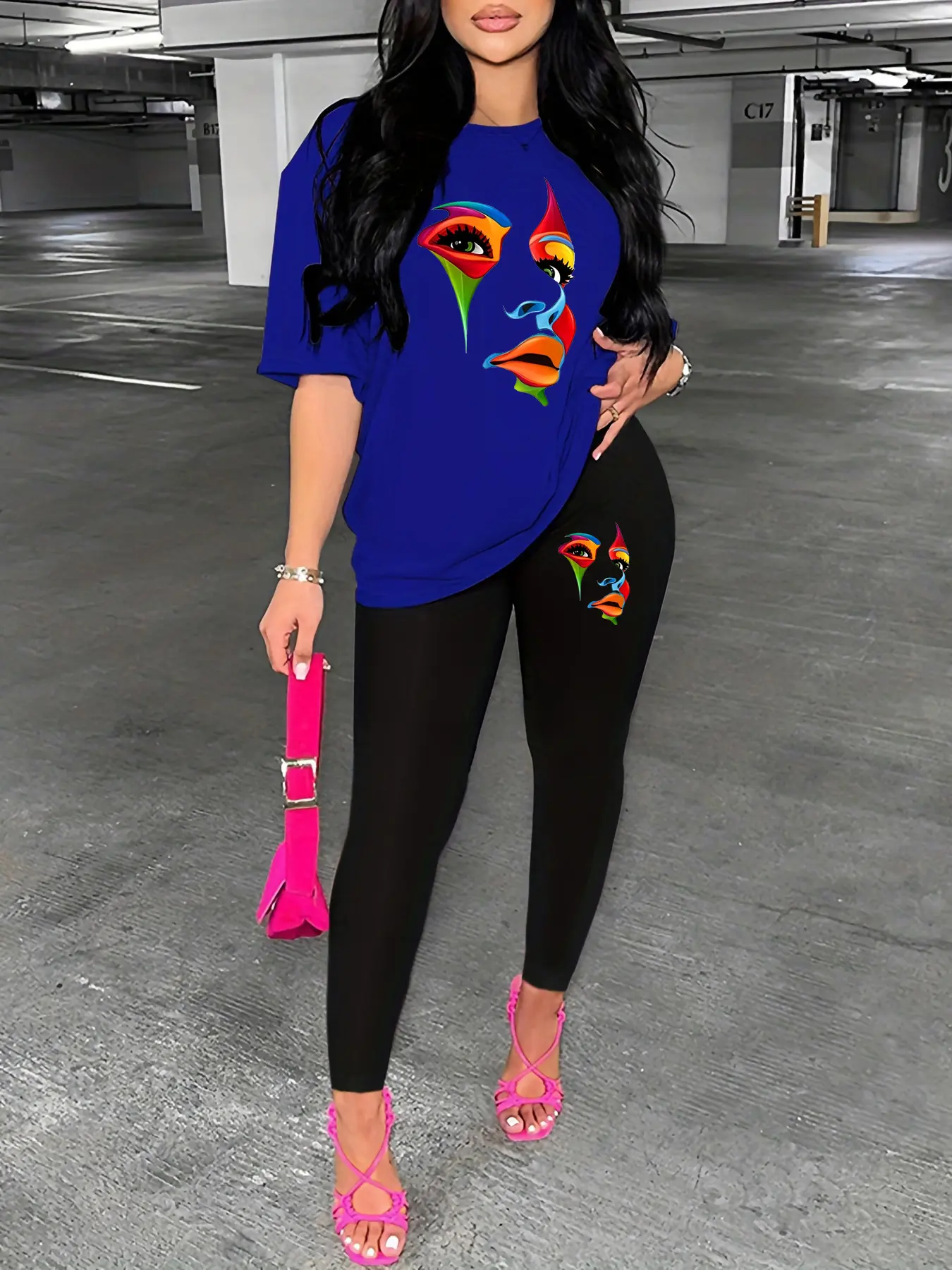 Women's Spring and Summer Loose Casual Large Portrait Pattern Printed Round Neck Short Sleeve T-shirt+Tight Pants Set