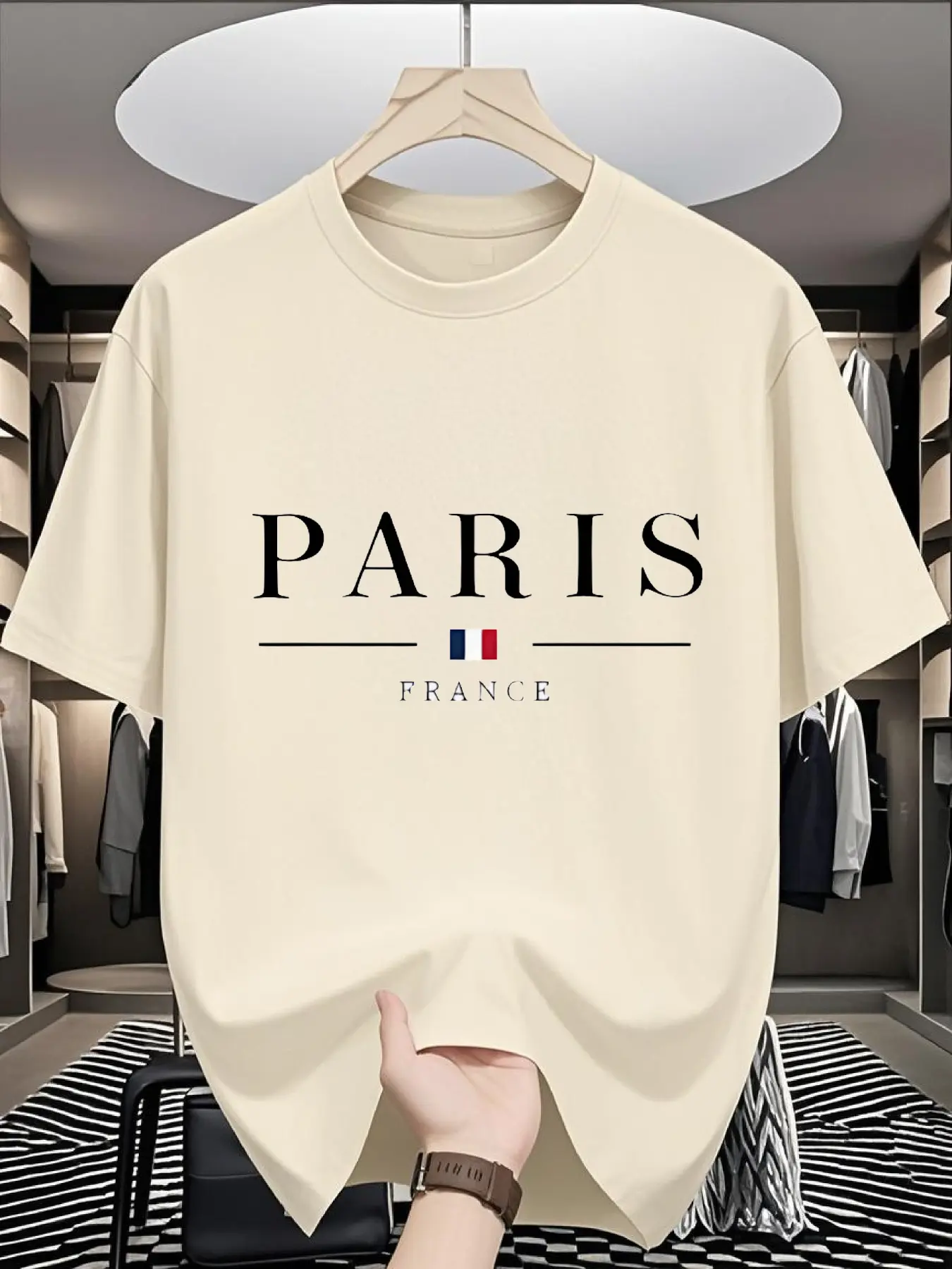 Men's summer 100% pure cotton fashionable casual sports loose PARIS pattern printed sports round neck short sleeved T-shirt top