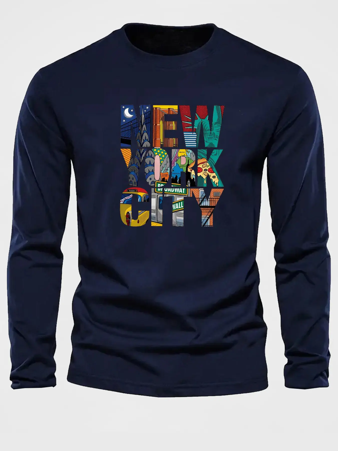 Men's 100% pure cotton loose fit comfortable sports and leisure New York City letter printed round neck long sleeved T-shirt top