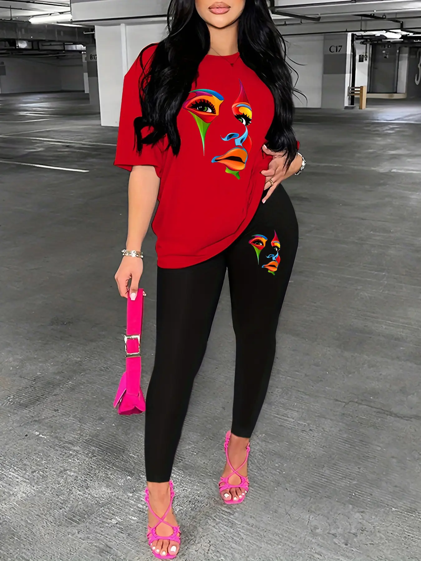 Women's Spring and Summer Loose Casual Large Portrait Pattern Printed Round Neck Short Sleeve T-shirt+Tight Pants Set