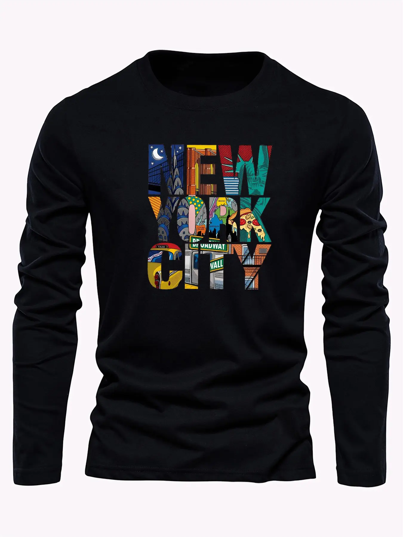 Men's 100% pure cotton loose fit comfortable sports and leisure New York City letter printed round neck long sleeved T-shirt top