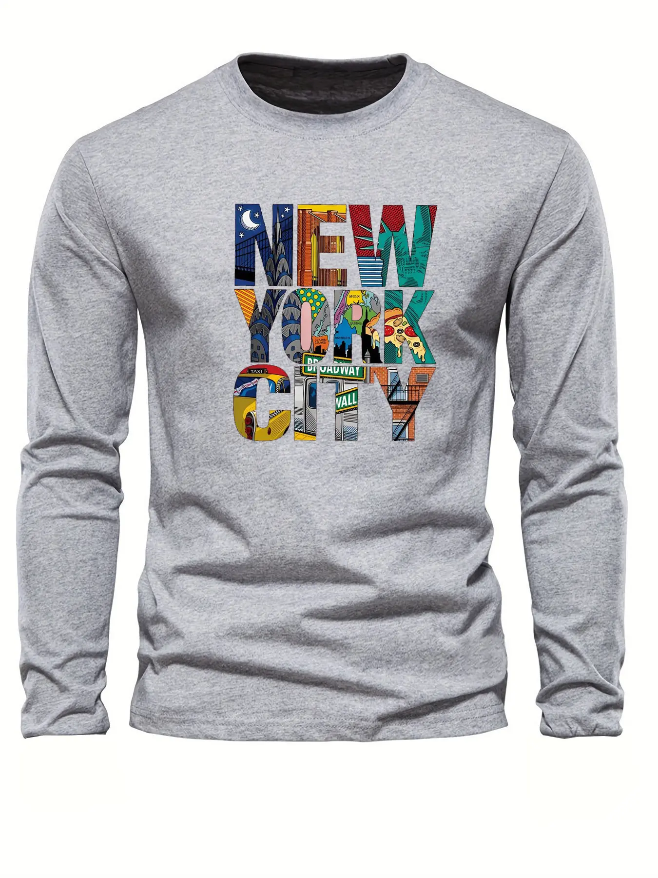 Men's 100% pure cotton loose fit comfortable sports and leisure New York City letter printed round neck long sleeved T-shirt top