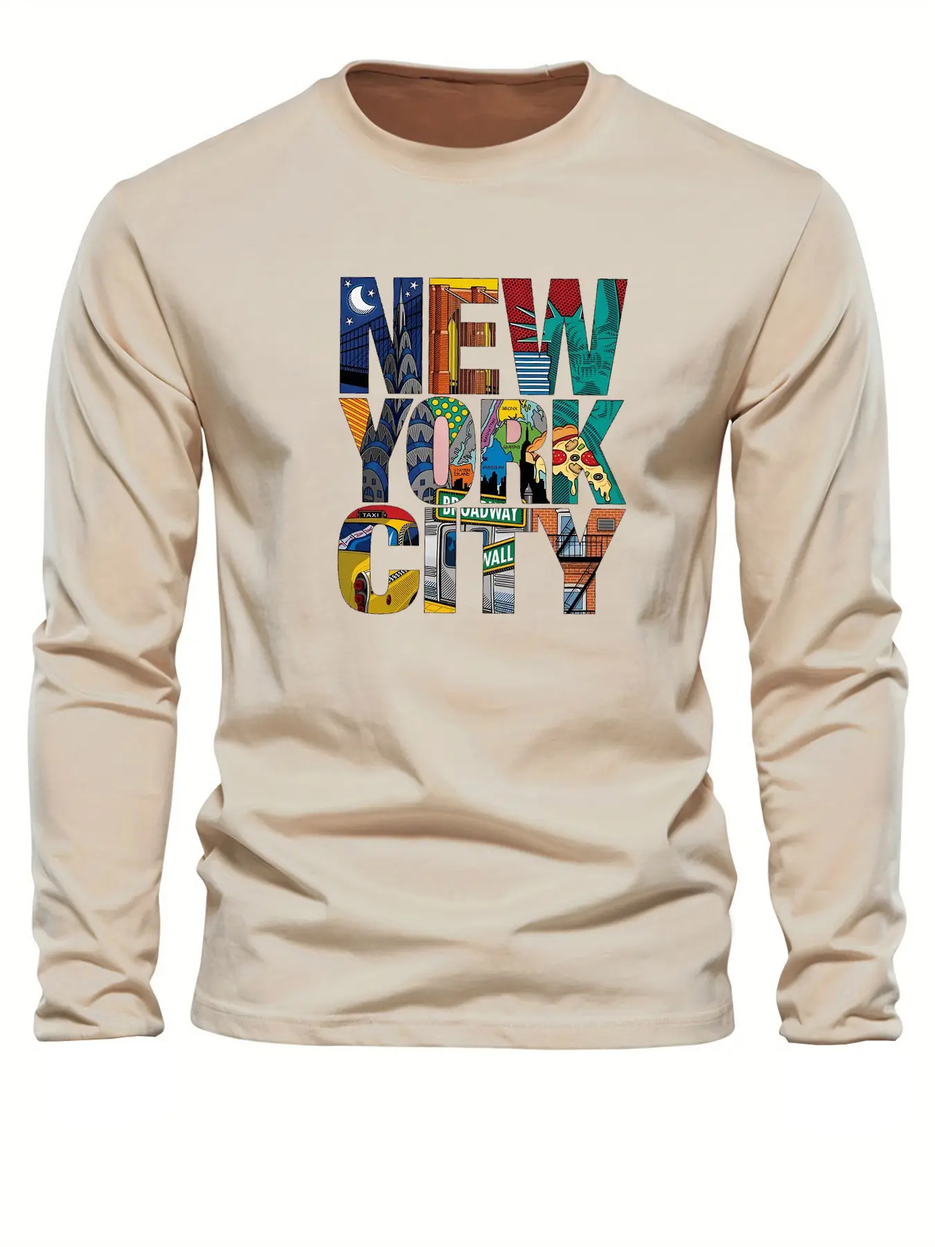 Men's 100% pure cotton loose fit comfortable sports and leisure New York City letter printed round neck long sleeved T-shirt top