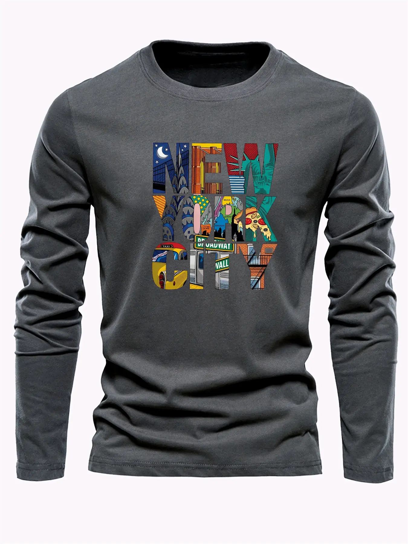 Men's 100% pure cotton loose fit comfortable sports and leisure New York City letter printed round neck long sleeved T-shirt top