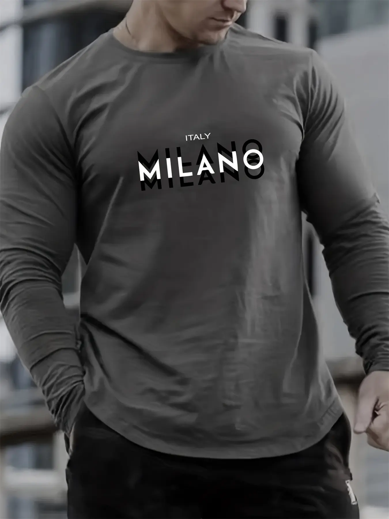 Men's 100% pure cotton loose fit plus size comfortable casual sports MILANO letter printed round neck long sleeved T-shirt top