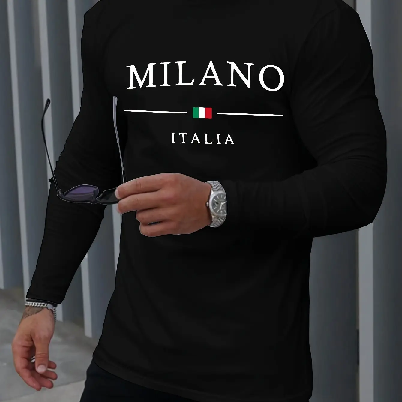Men's 100% pure cotton loose fit plus size comfortable casual sports MILANO letter printed round neck long sleeved T-shirt top