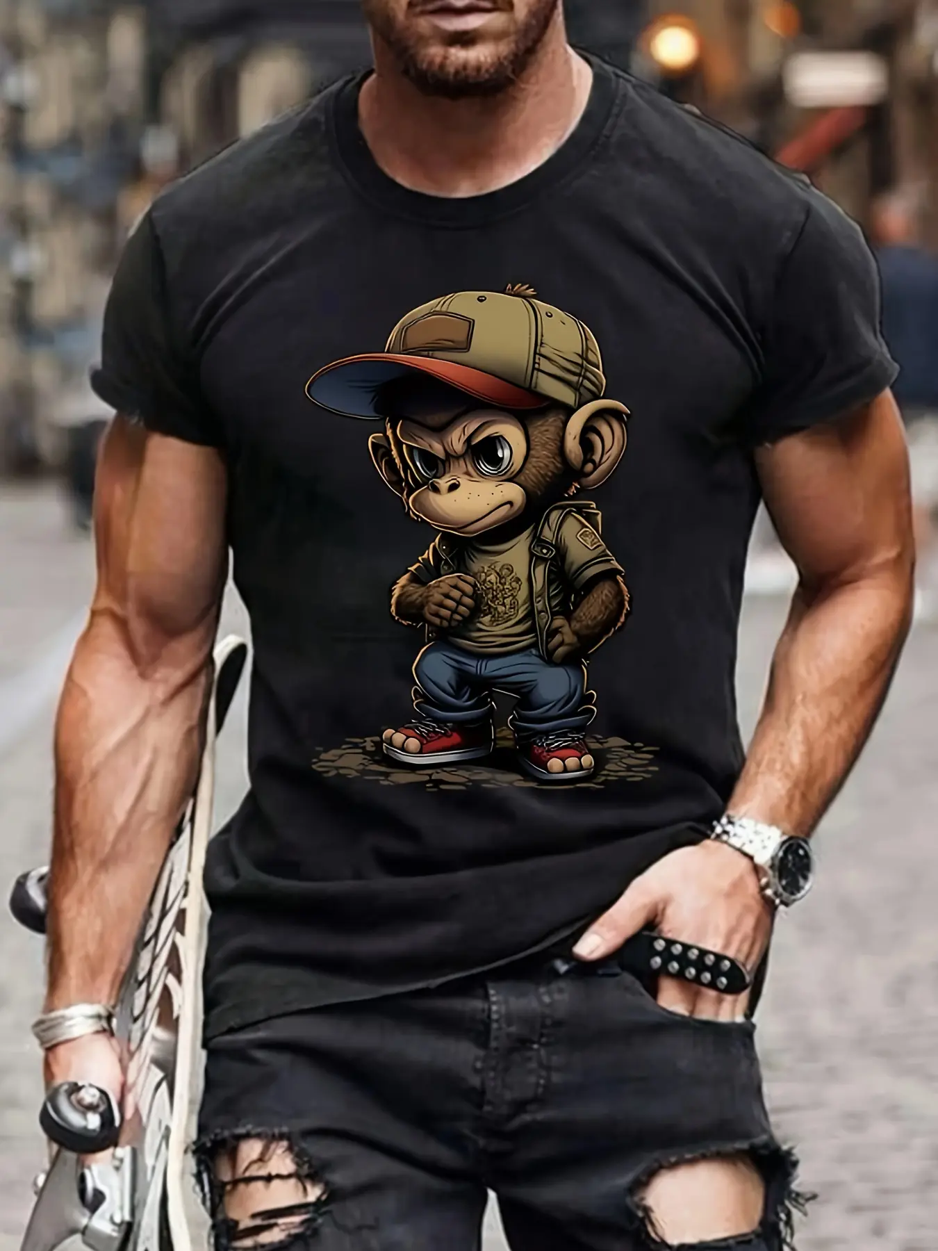 Men's summer 100% pure cotton fashionable sports casual loose cartoon monkey pattern printed round neck short sleeved T-shirt