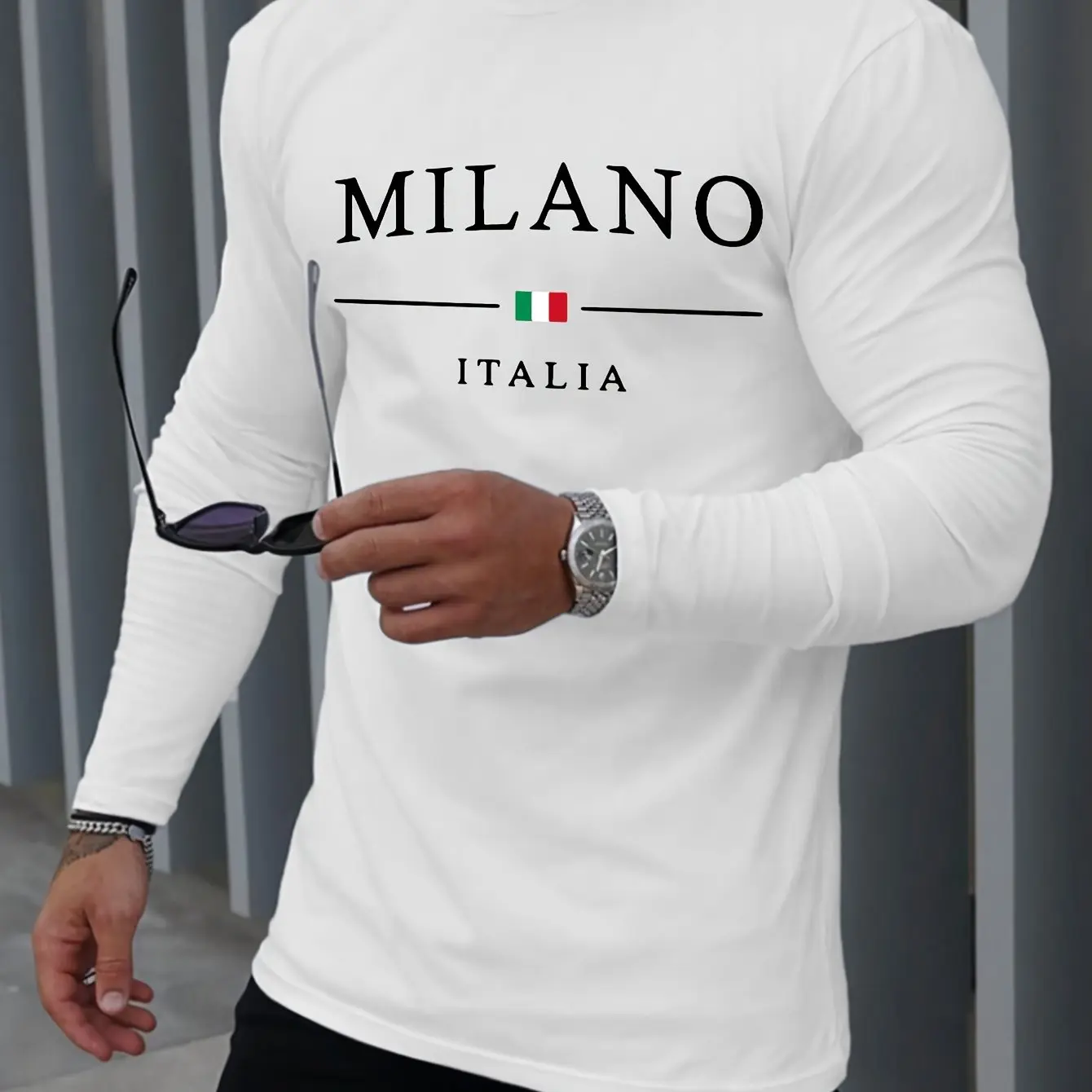 Men's 100% pure cotton loose fit plus size comfortable casual sports MILANO letter printed round neck long sleeved T-shirt top