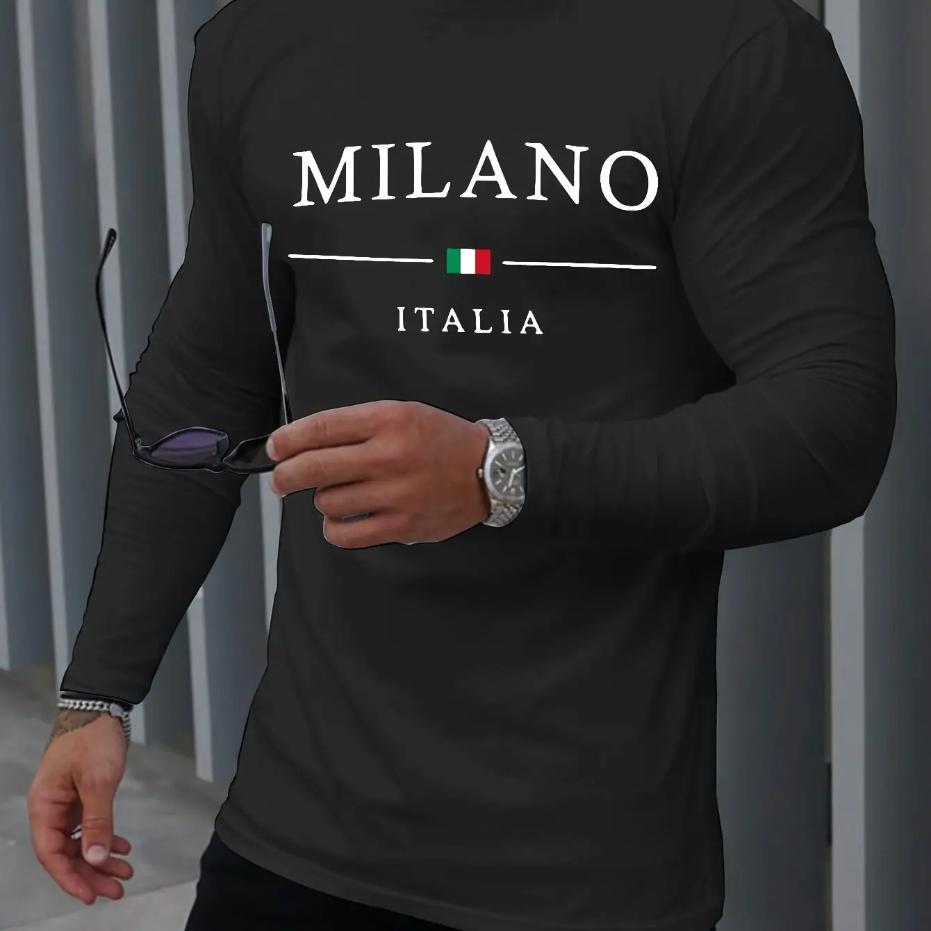 Men's 100% pure cotton loose fit plus size comfortable casual sports MILANO letter printed round neck long sleeved T-shirt top