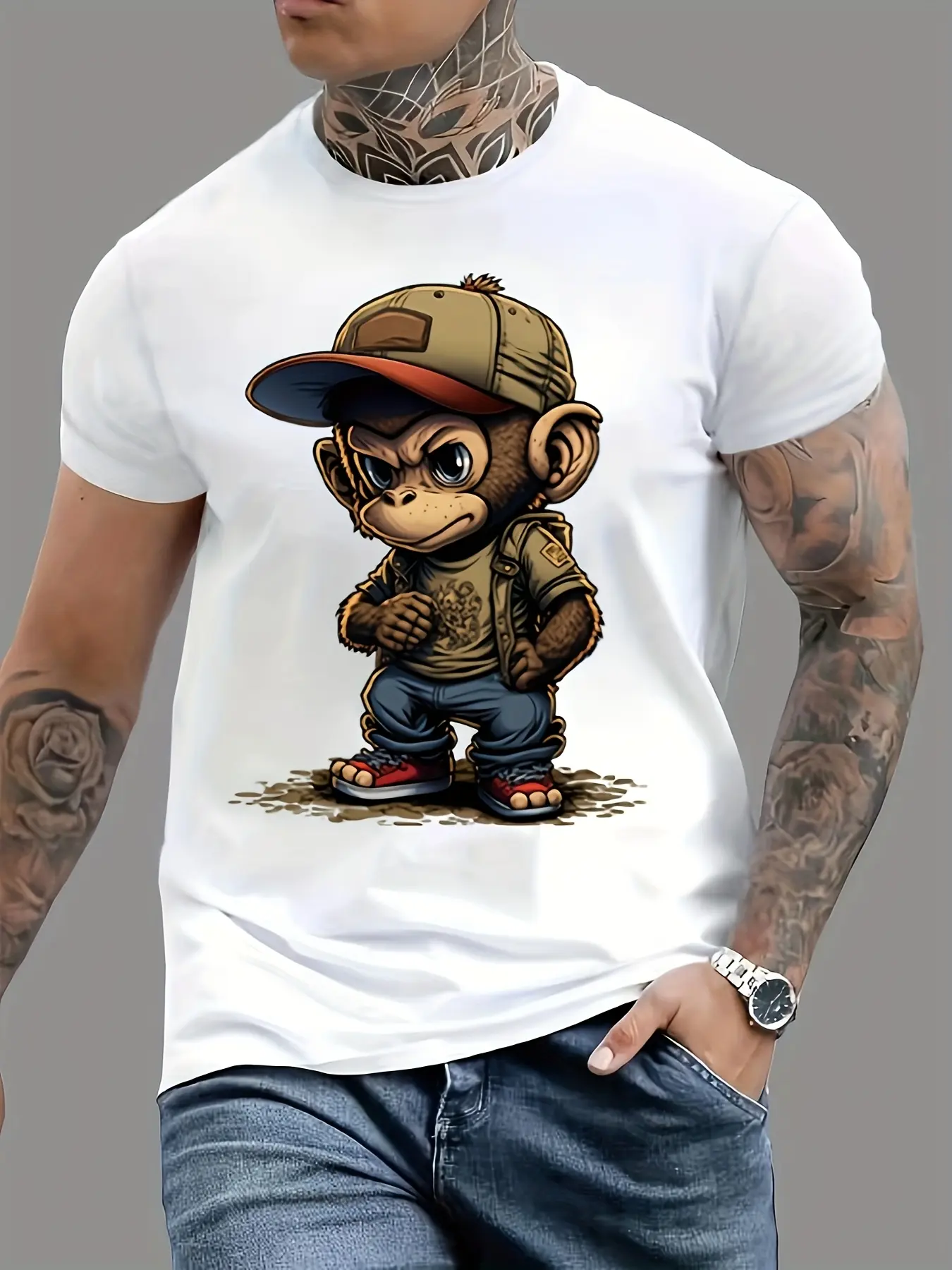 Men's summer 100% pure cotton fashionable sports casual loose cartoon monkey pattern printed round neck short sleeved T-shirt