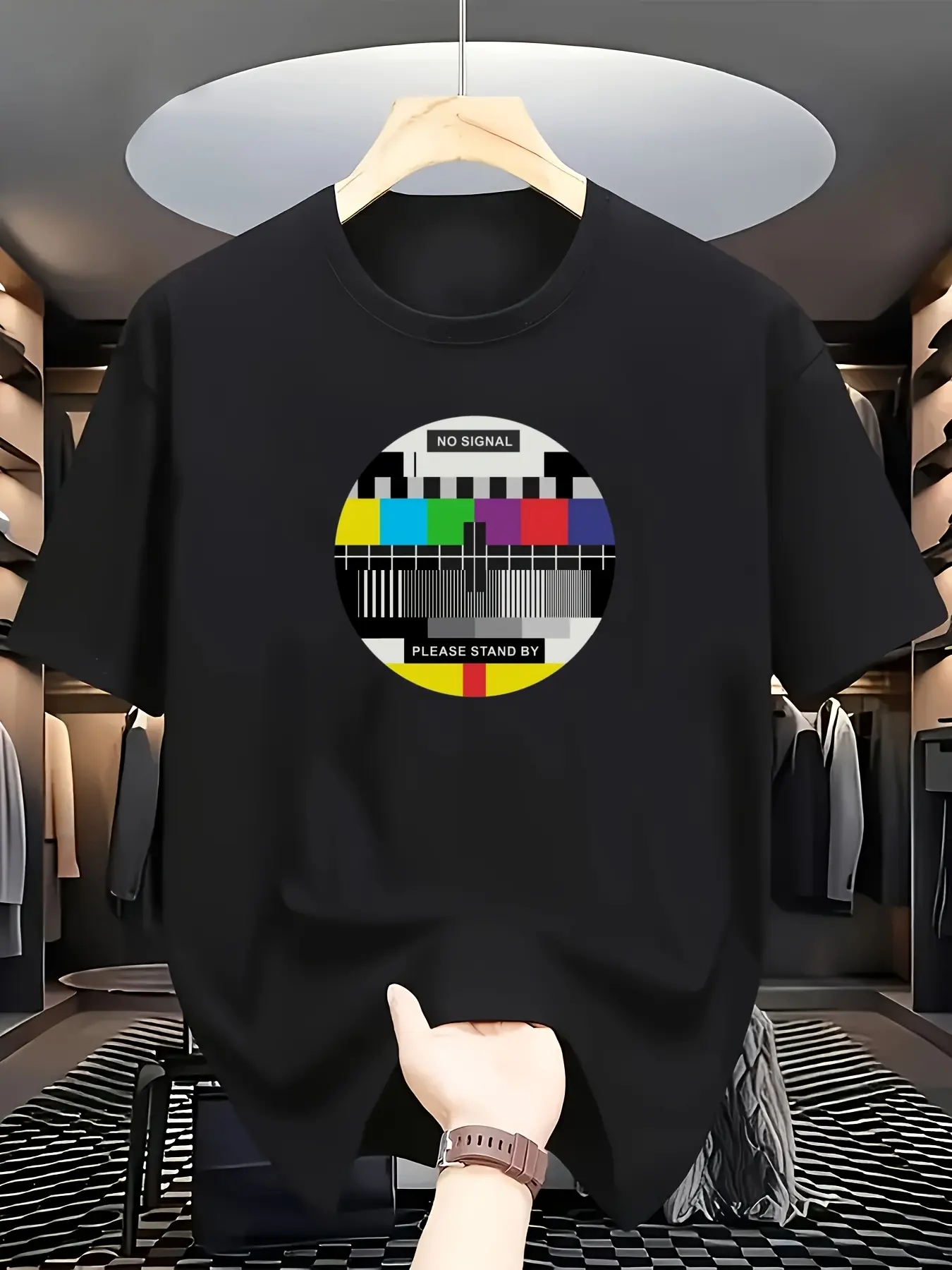 Men's summer 100 pure cotton fashionable casual loose oversized retro TV pattern printed sports round neck short sleeved T-shirt