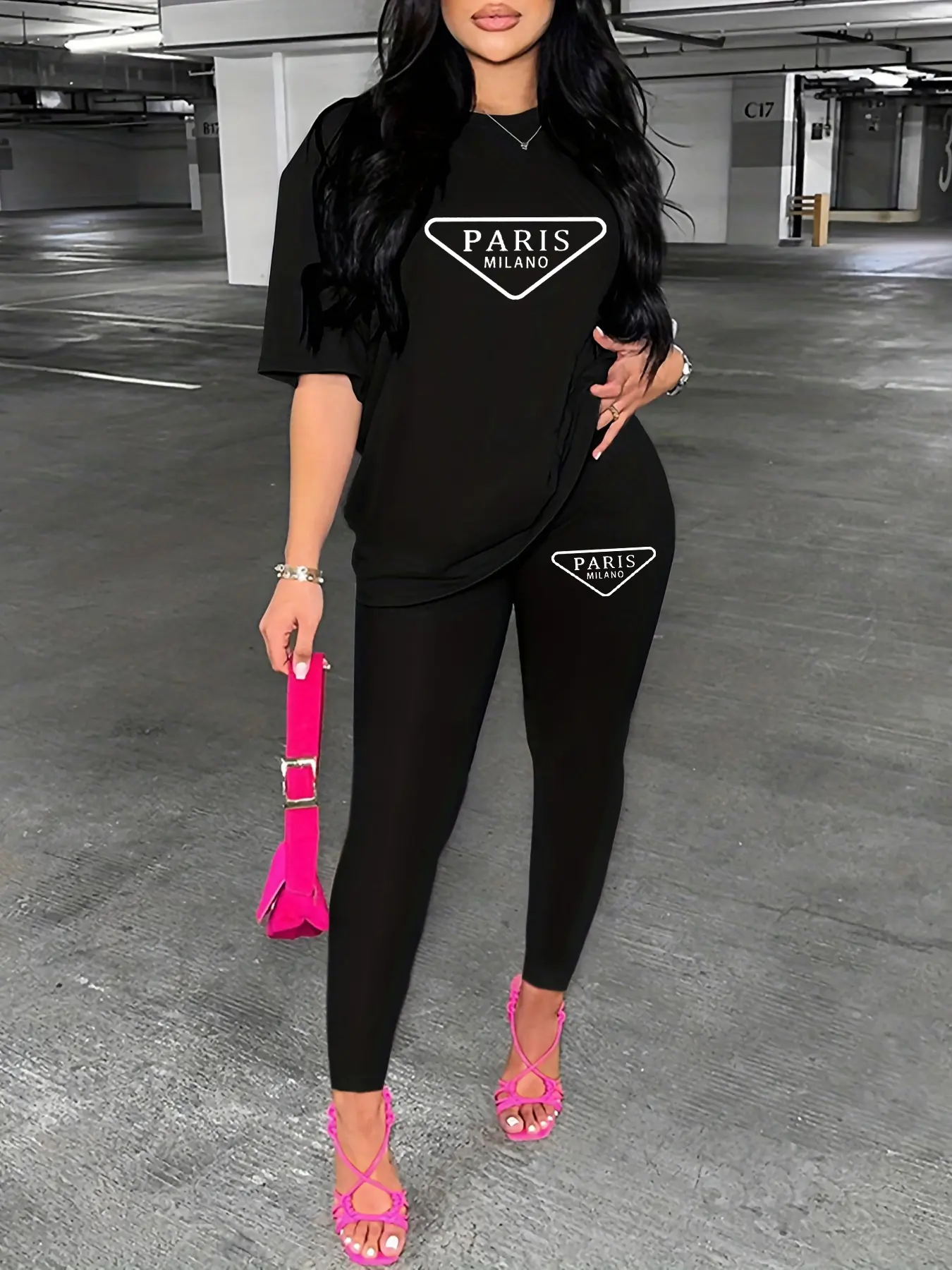Women's spring and summer loose casual plus size Paris letter pattern printed short sleeved T-shirt+tight pants two-piece set