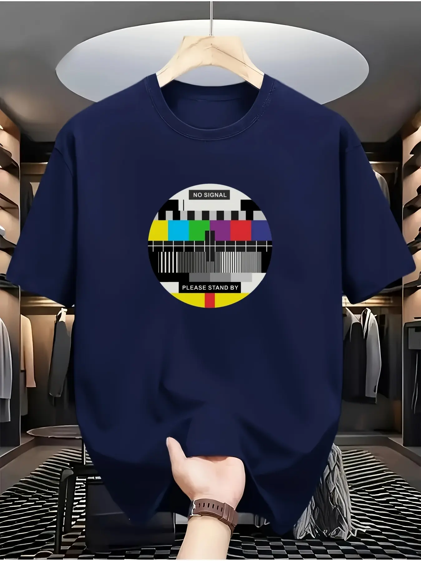 Men's summer 100 pure cotton fashionable casual loose oversized retro TV pattern printed sports round neck short sleeved T-shirt