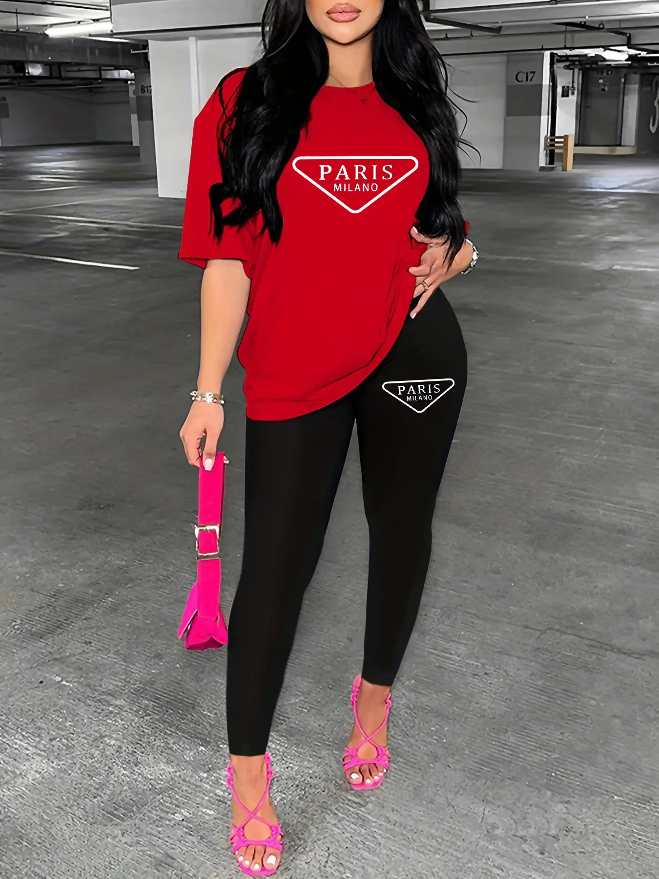 Women's spring and summer loose casual plus size Paris letter pattern printed short sleeved T-shirt+tight pants two-piece set