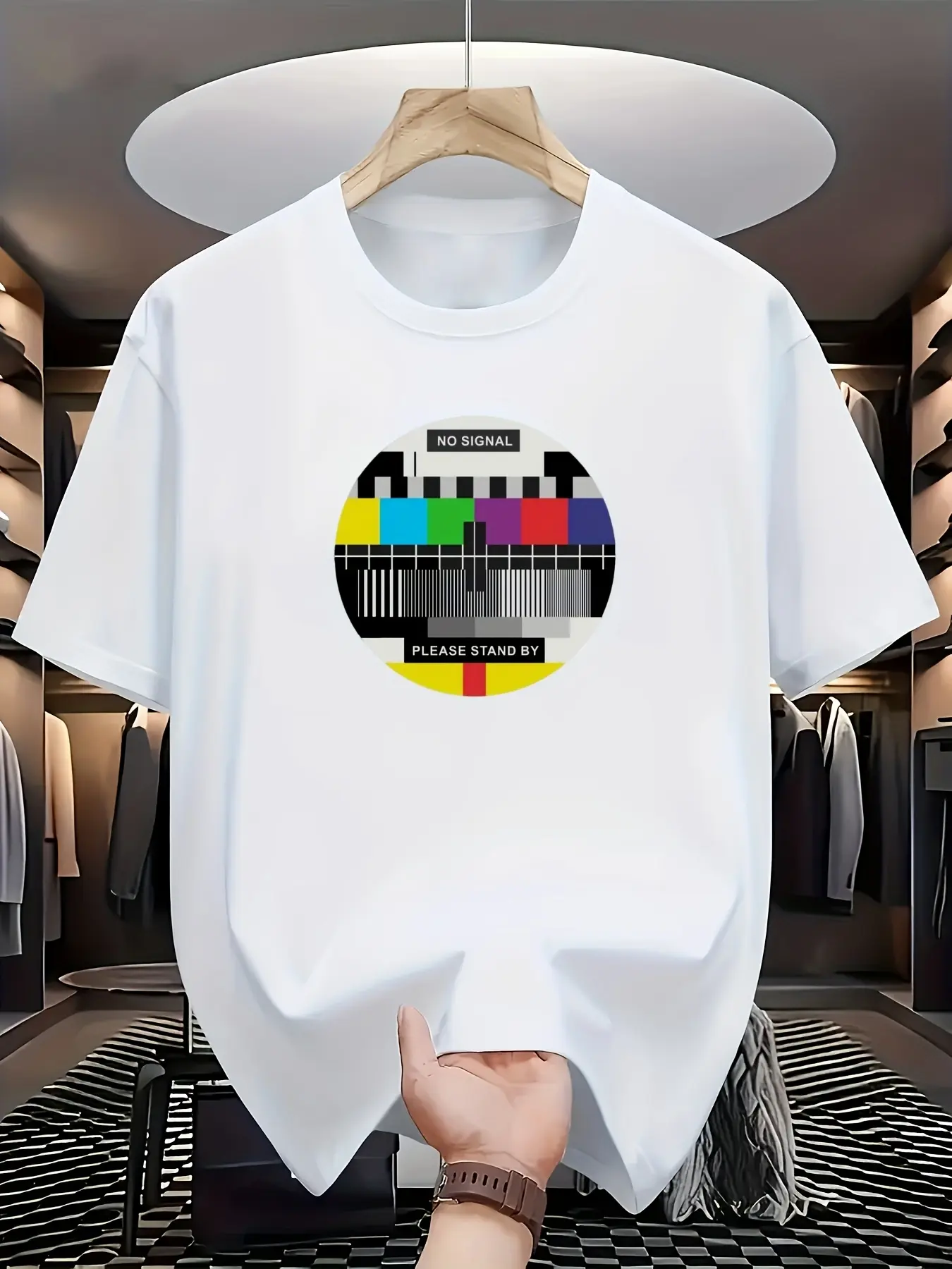 Men's summer 100 pure cotton fashionable casual loose oversized retro TV pattern printed sports round neck short sleeved T-shirt