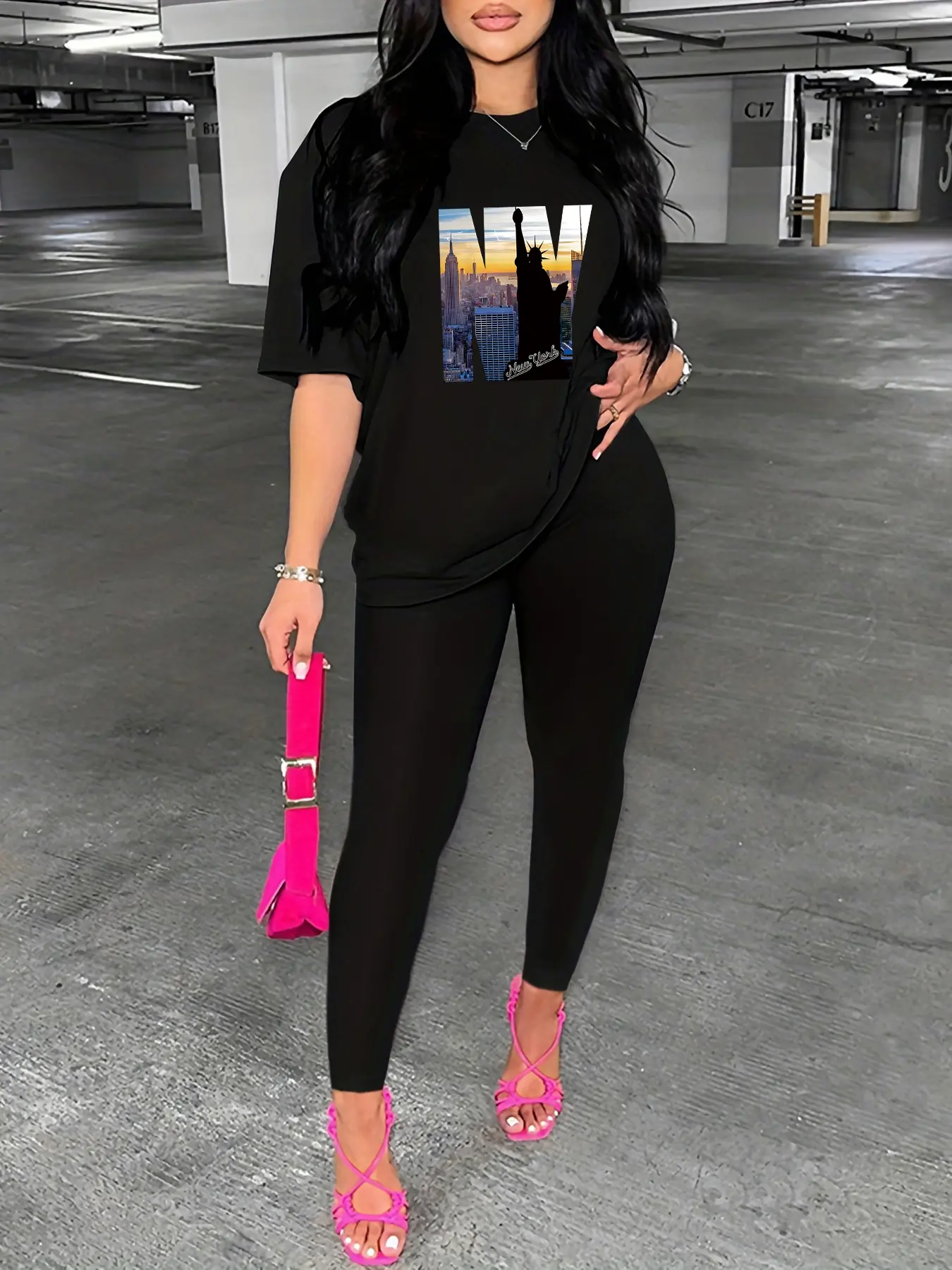 Women's Summer Casual Loose Large New York City Pattern Printed Round Neck Short Sleeve T-shirt+Tight Pants Two Piece Set