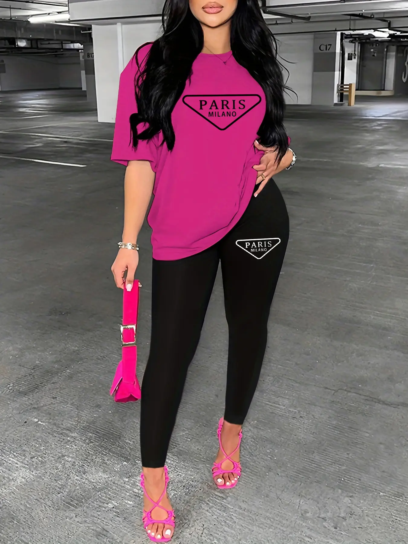 Women's spring and summer loose casual plus size Paris letter pattern printed short sleeved T-shirt+tight pants two-piece set