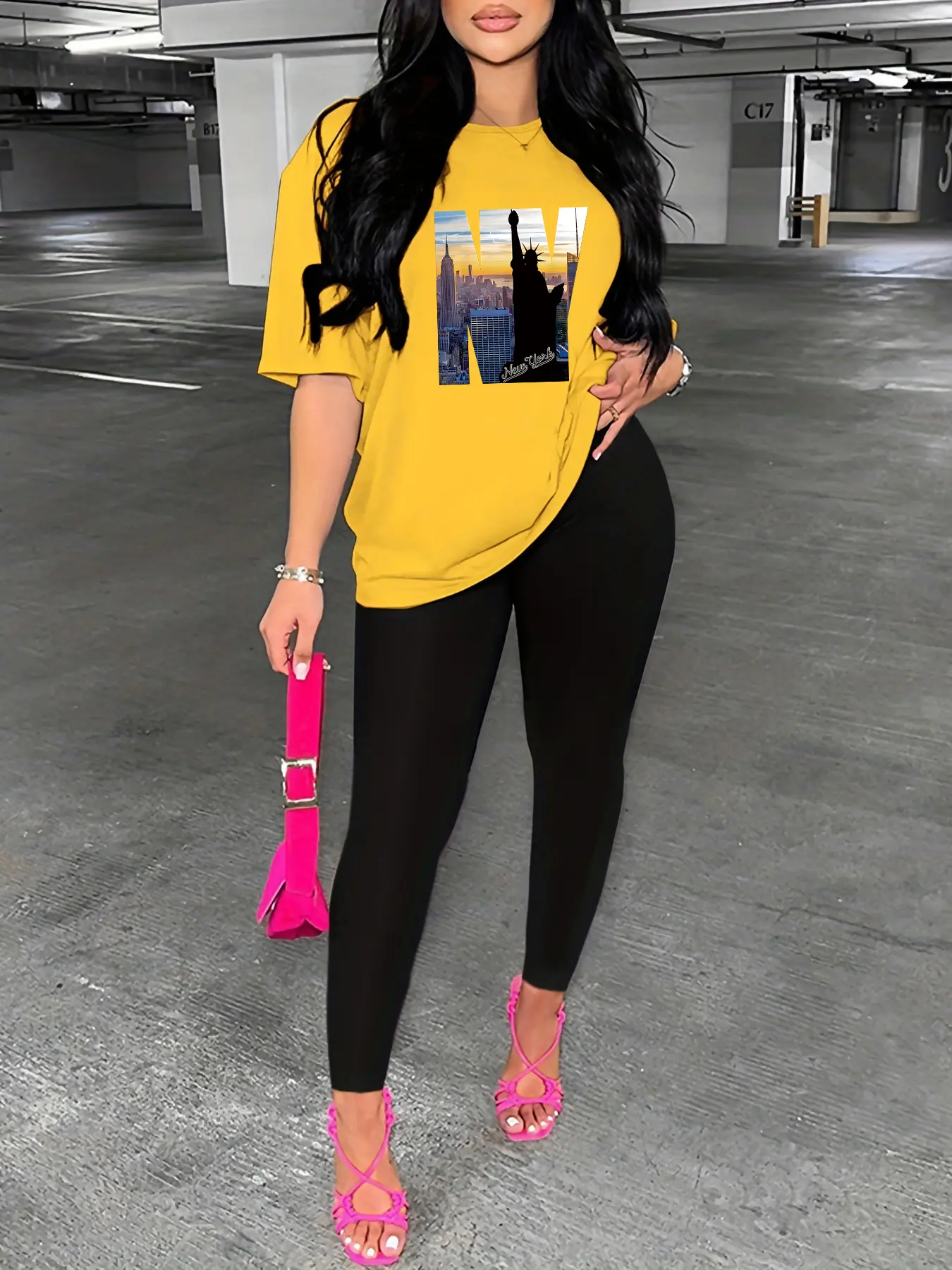 Women's Summer Casual Loose Large New York City Pattern Printed Round Neck Short Sleeve T-shirt+Tight Pants Two Piece Set