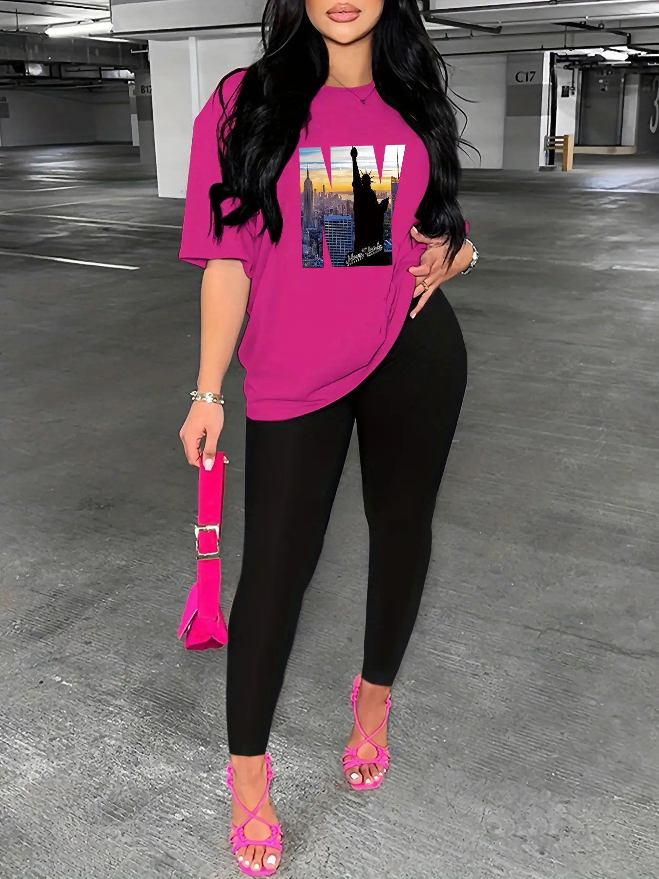 Women's Summer Casual Loose Large New York City Pattern Printed Round Neck Short Sleeve T-shirt+Tight Pants Two Piece Set