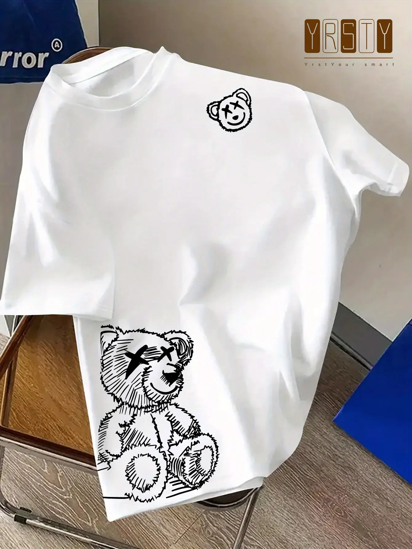 Summer men's 100% pure cotton casual loose fit plus size Cartoon Bear pattern printed round neck short sleeved T-shirt top
