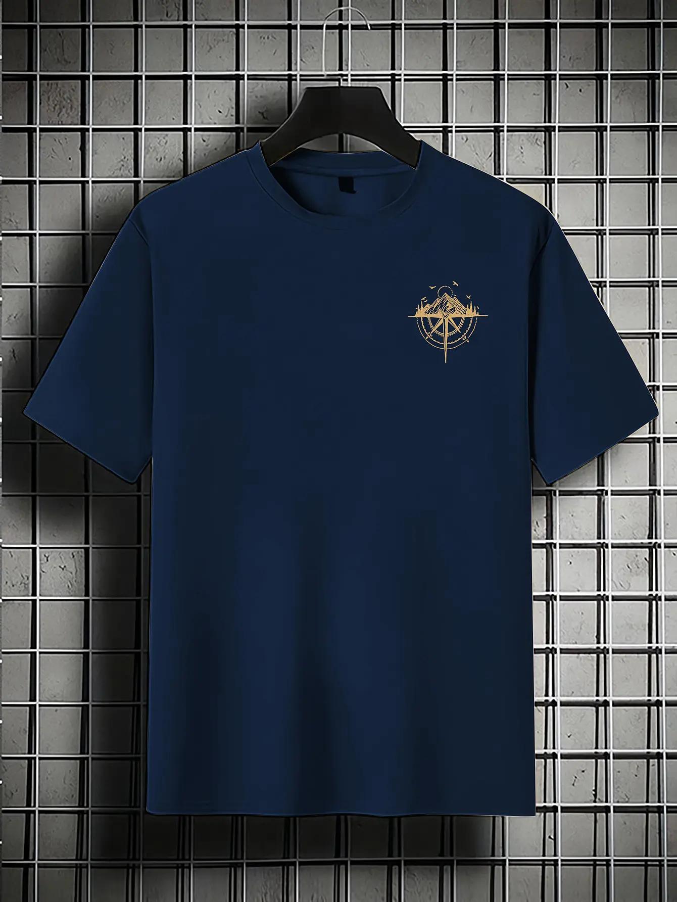 Men's summer 100% pure cotton sports casual loose gold compass rose mountain pattern printed round neck short sleeved T-shirt