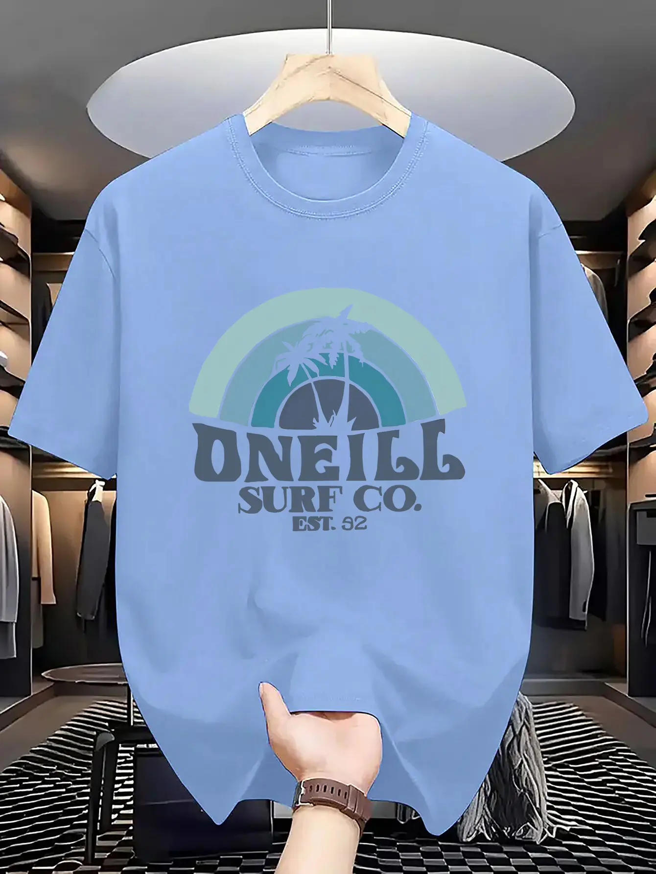 Men's summer 100 cotton fashionable casual sports loose fit plus palm tree pattern printed round neck short sleeved T-shirt top