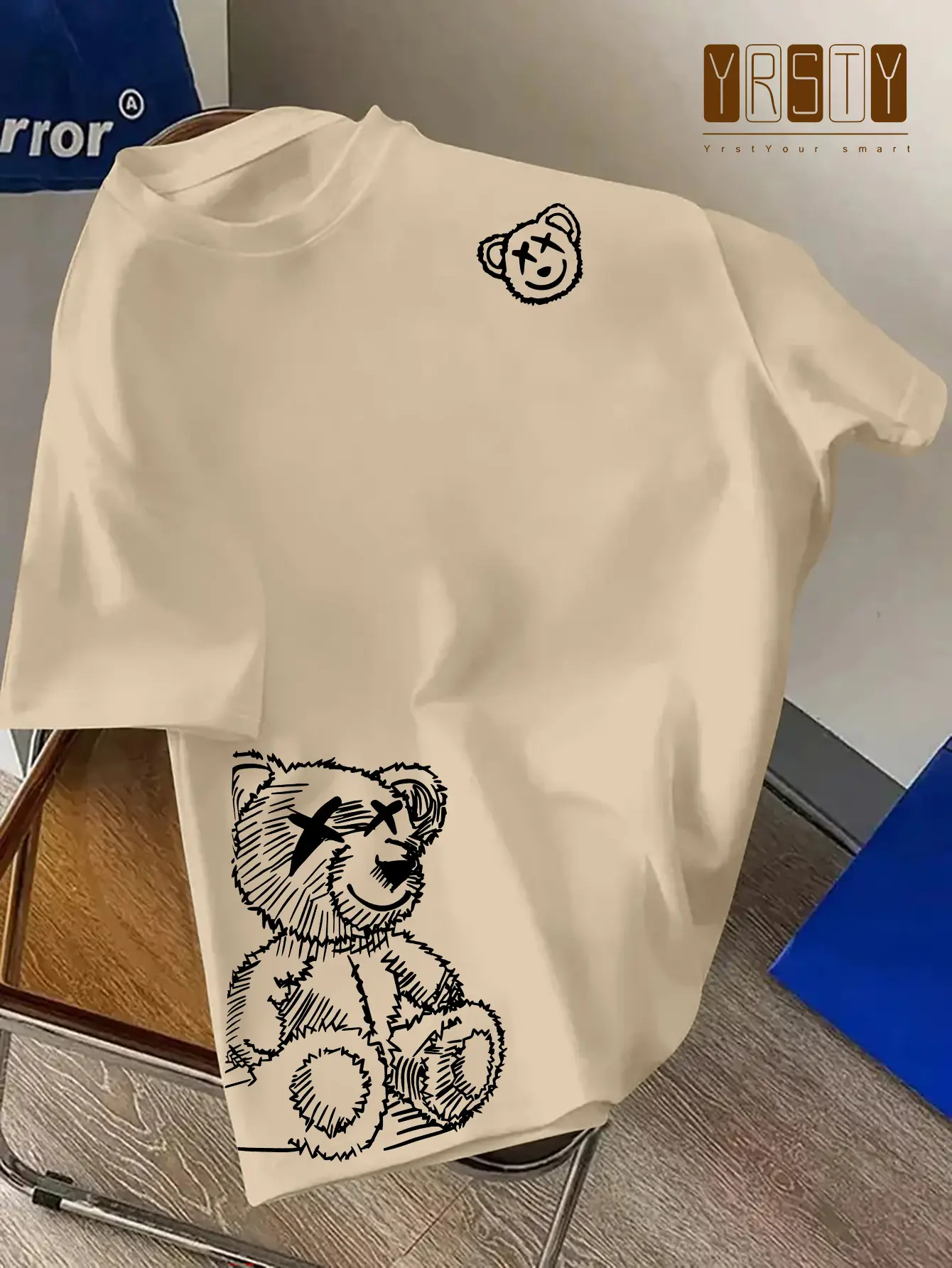 Summer men's 100% pure cotton casual loose fit plus size Cartoon Bear pattern printed round neck short sleeved T-shirt top