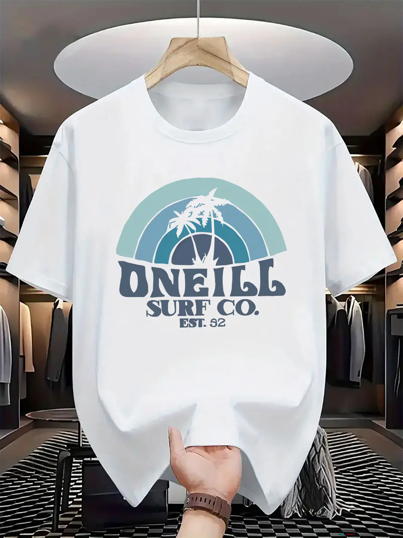 Men's summer 100 cotton fashionable casual sports loose fit plus palm tree pattern printed round neck short sleeved T-shirt top