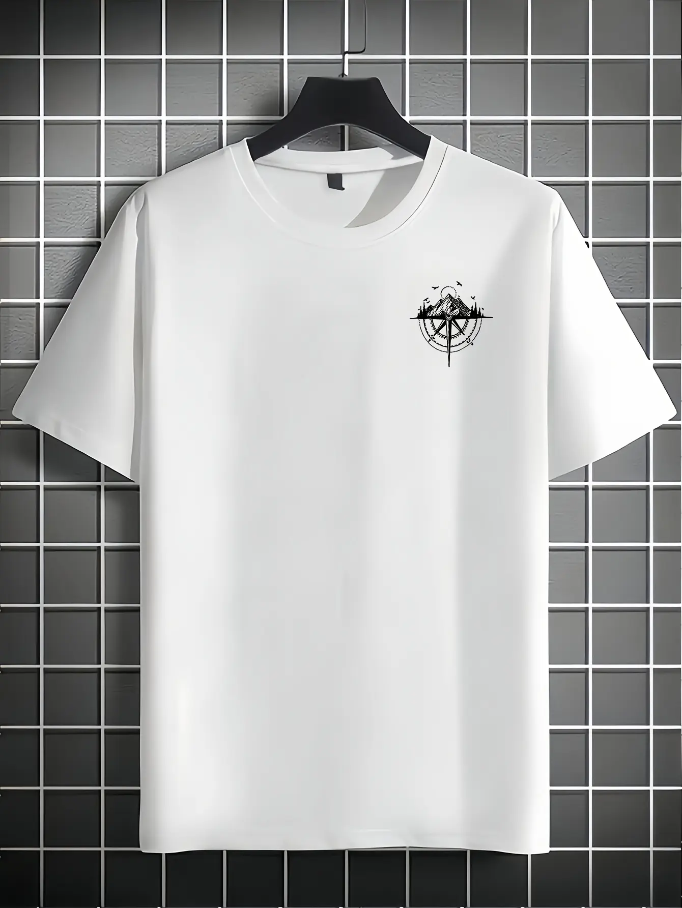 Men's summer 100% pure cotton sports casual loose gold compass rose mountain pattern printed round neck short sleeved T-shirt