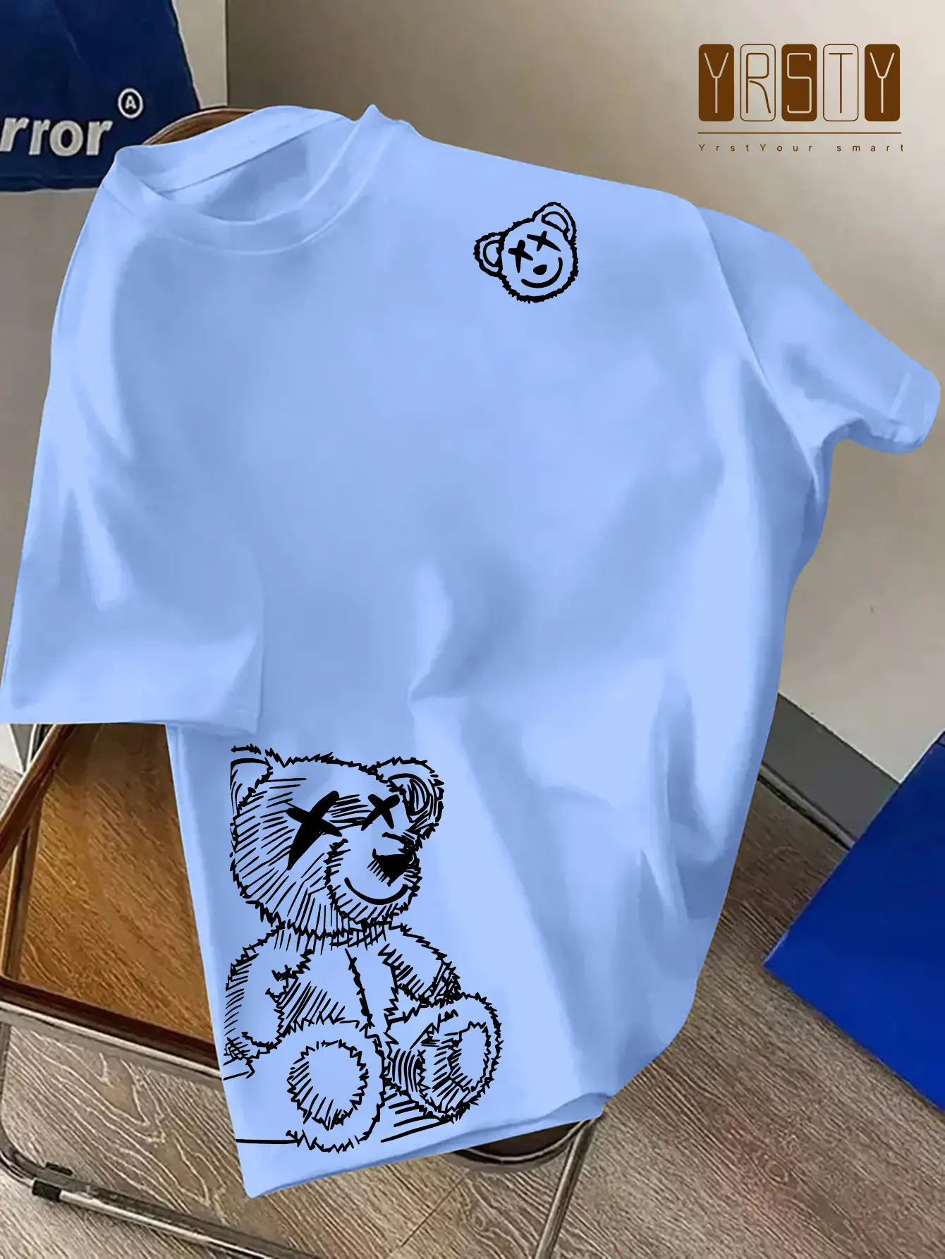 Summer men's 100% pure cotton casual loose fit plus size Cartoon Bear pattern printed round neck short sleeved T-shirt top