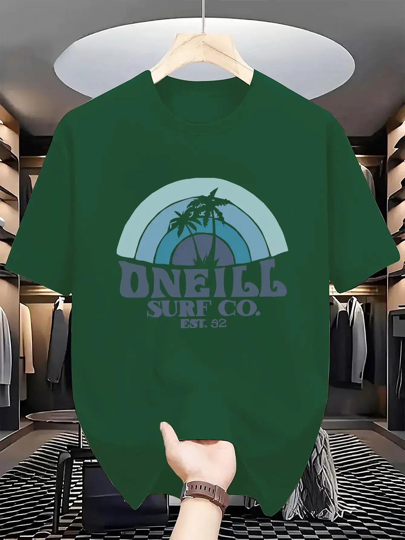 Men's summer 100 cotton fashionable casual sports loose fit plus palm tree pattern printed round neck short sleeved T-shirt top