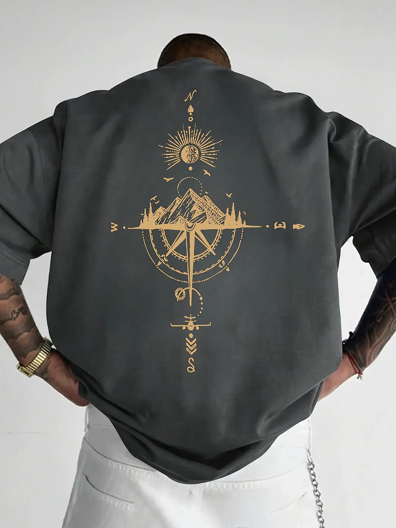 Men's summer 100% pure cotton sports casual loose gold compass rose mountain pattern printed round neck short sleeved T-shirt