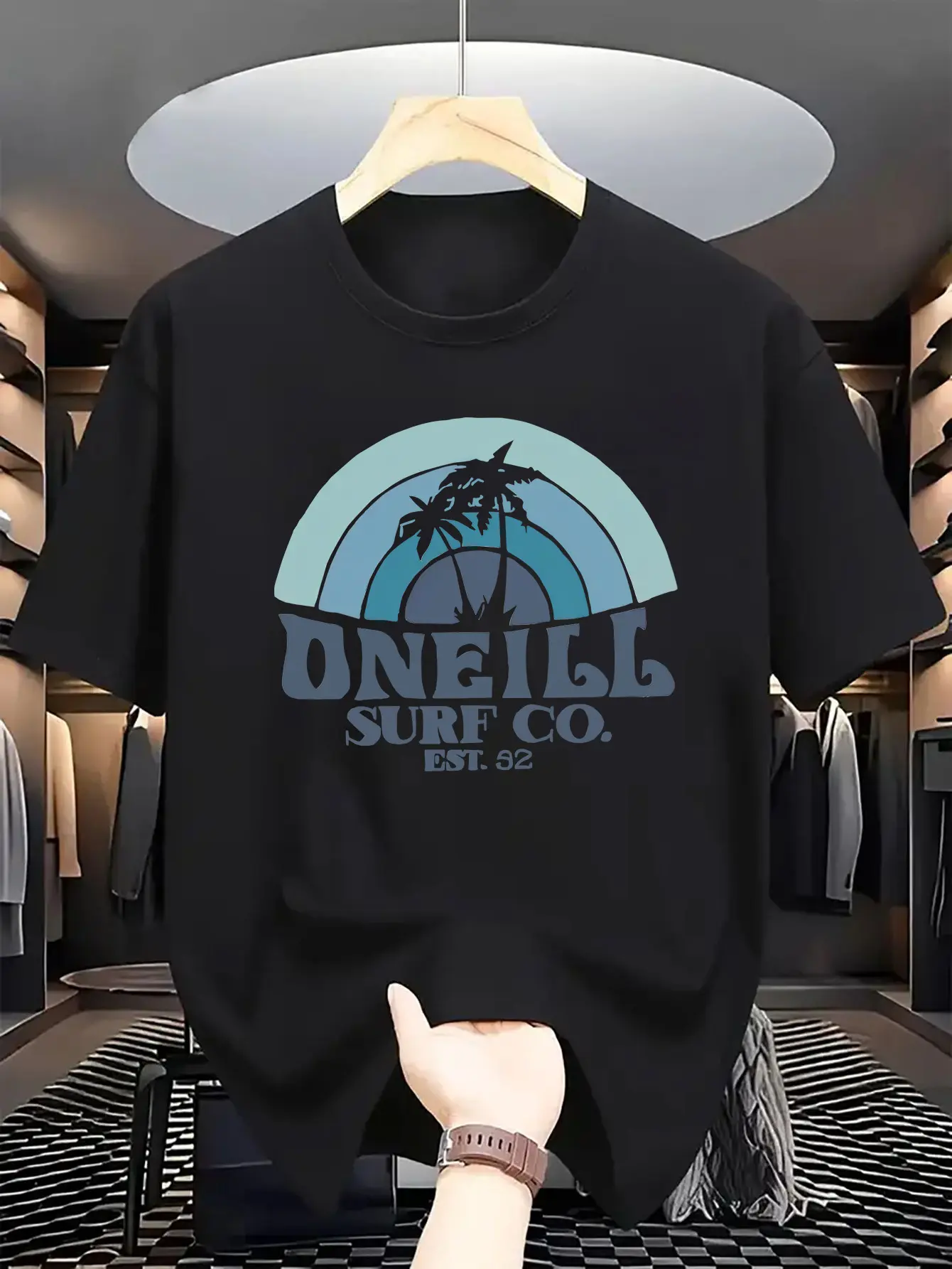 Men's summer 100 cotton fashionable casual sports loose fit plus palm tree pattern printed round neck short sleeved T-shirt top