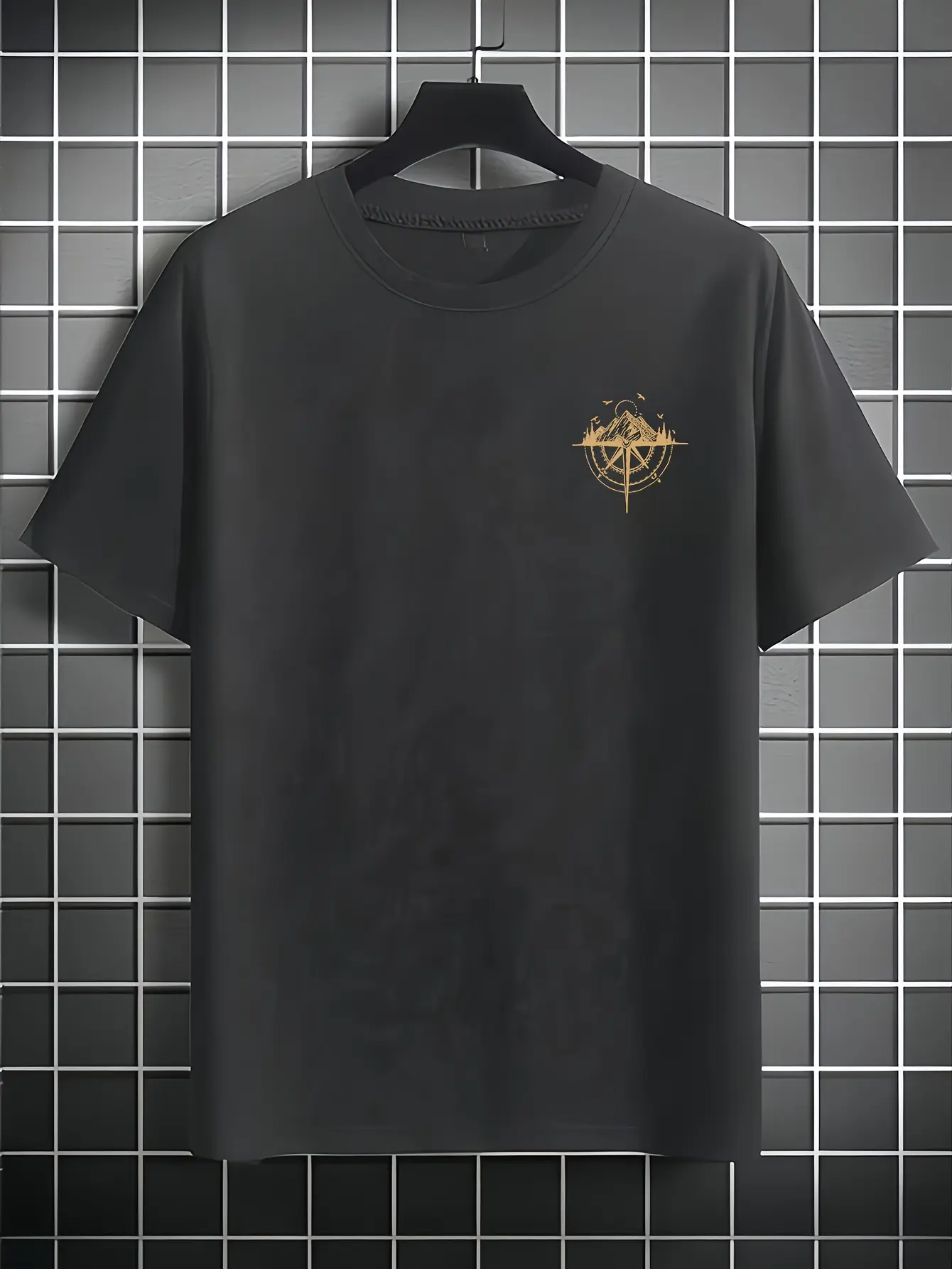 Men's summer 100% pure cotton sports casual loose gold compass rose mountain pattern printed round neck short sleeved T-shirt