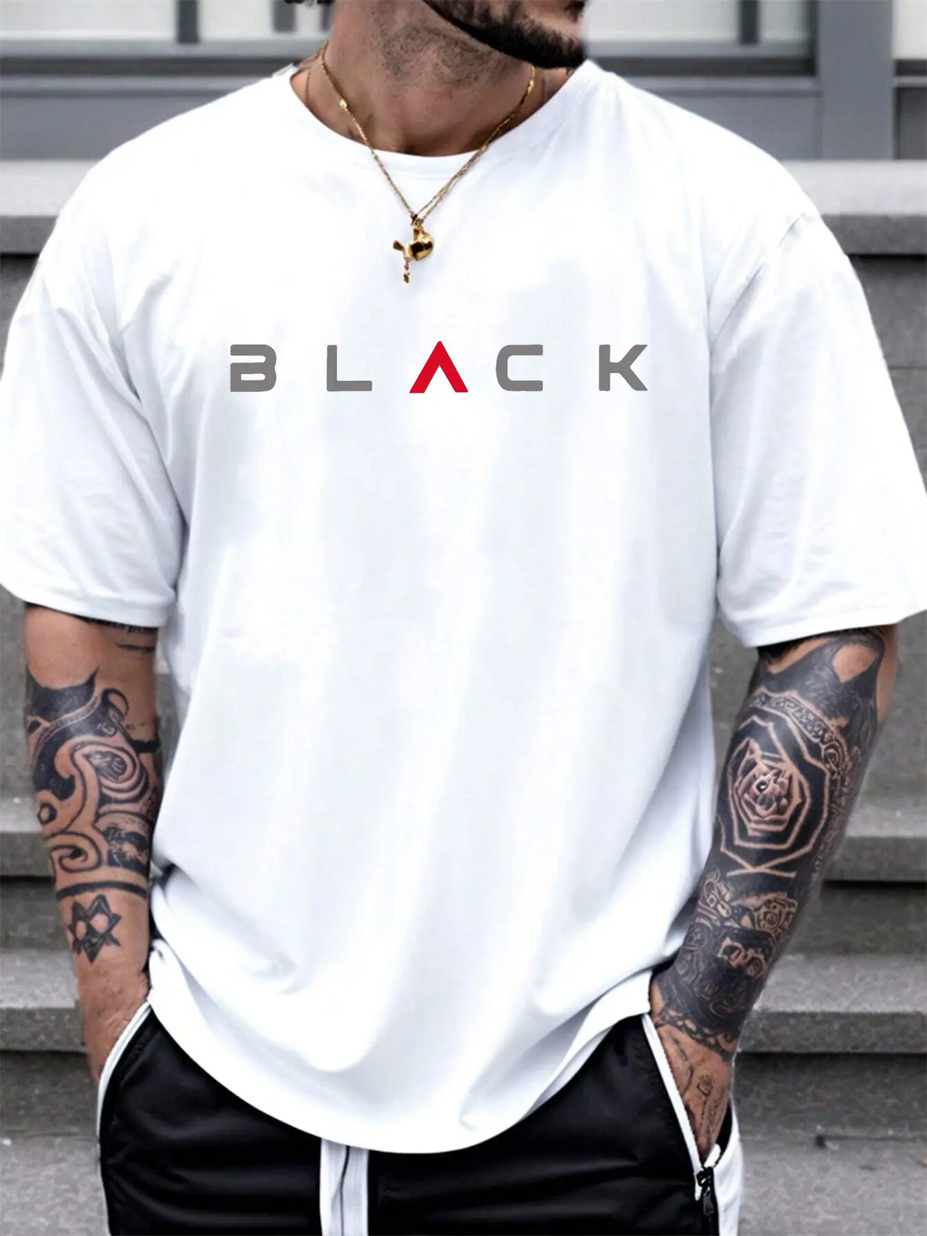 Summer men's 100% pure cotton casual sports loose BLACK letter printed comfortable round neck short sleeved T-shirt top